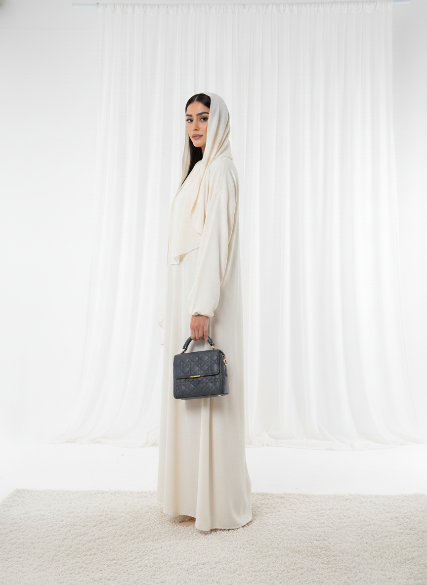 Harir Maqsood Beige Prayer Abaya – Attached Hijab Design