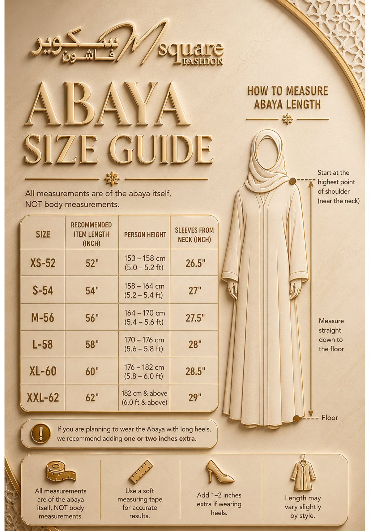 MSquare Fashion abaya size guide, sizes XS-52 to XXL-62 with length, height and sleeve