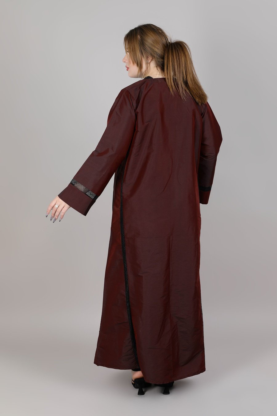 MSquare Fashion V-Neck Maroon Taffeta Fabric with Black Lace