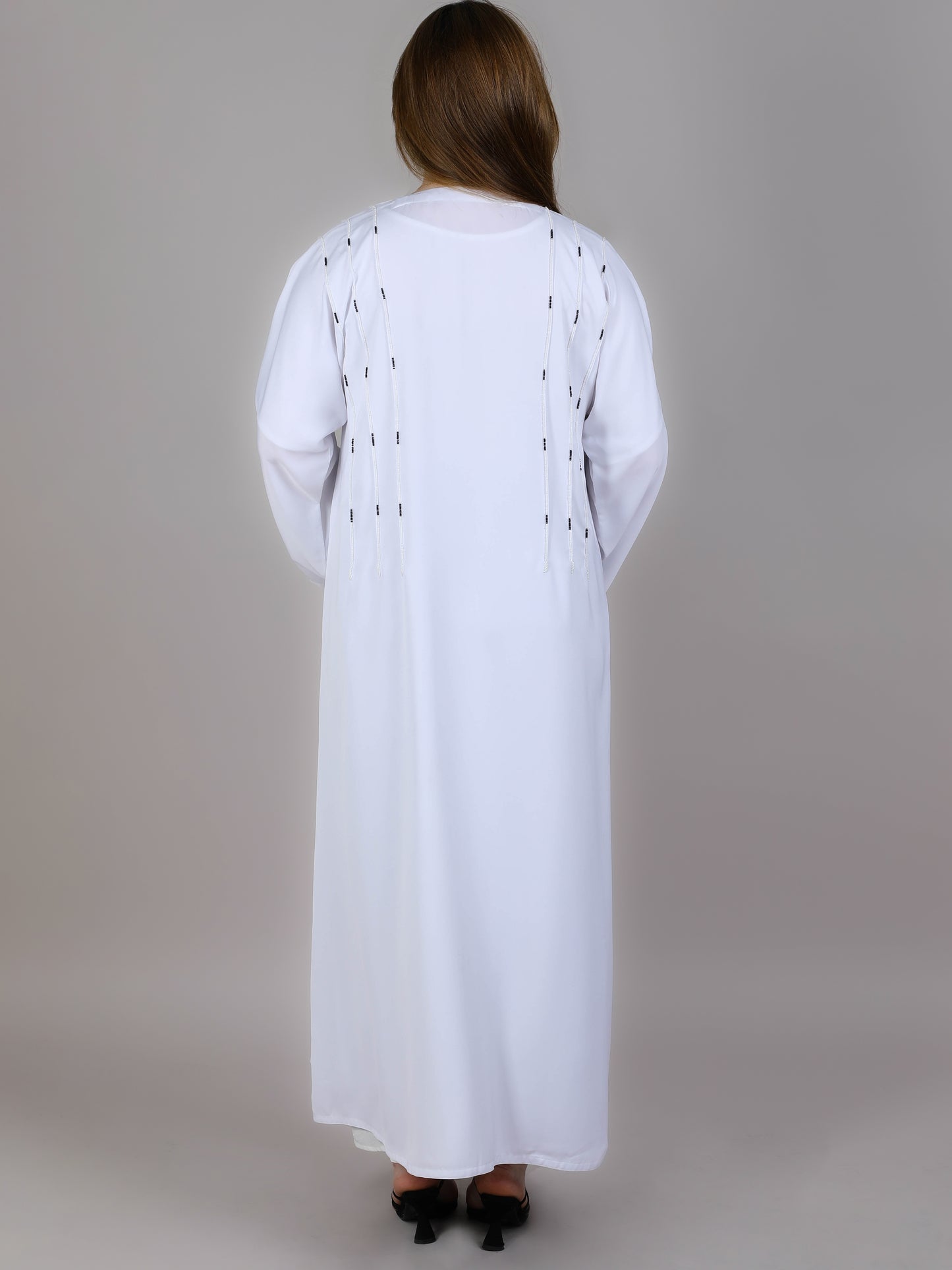MSquare Fashion V-Neck White Nida Embroidered Open Abaya