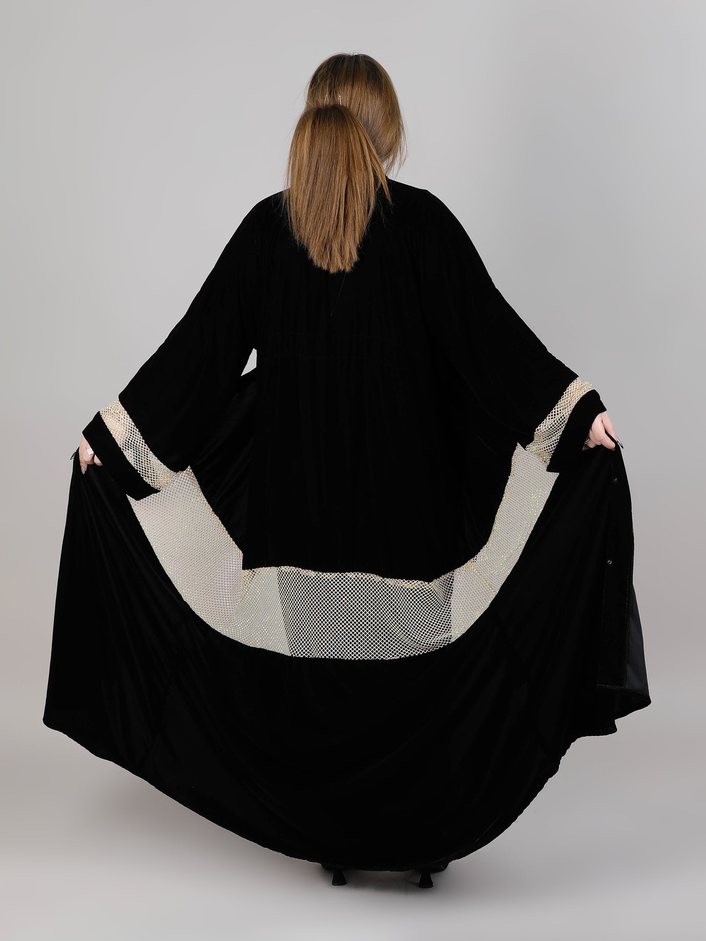 MSquare Fashion Black Velvet Abaya With Lace
