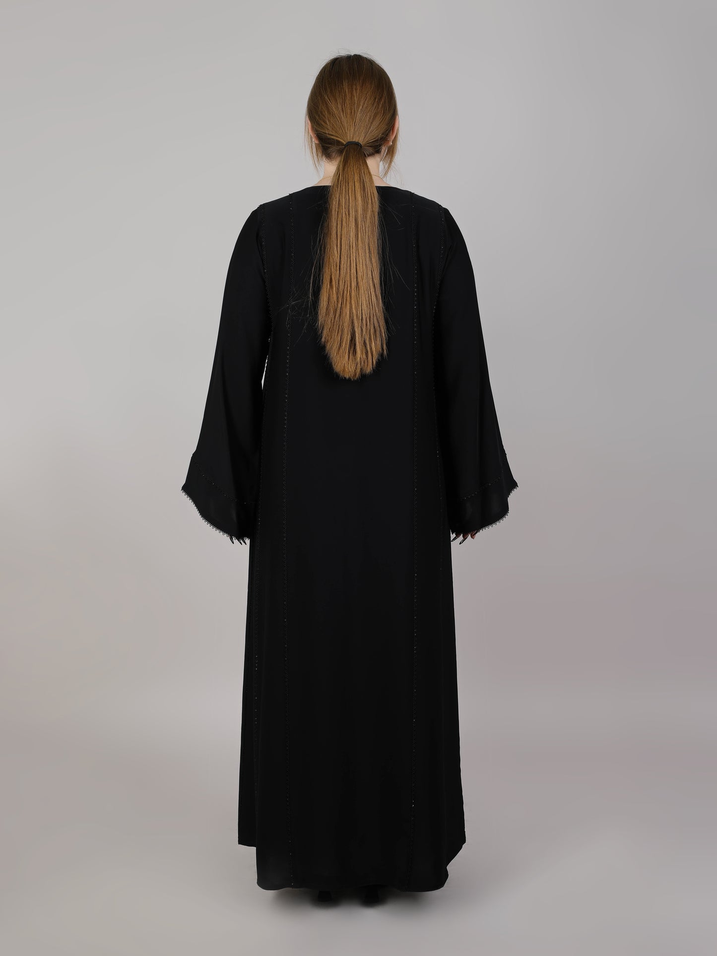 MSquare Fashion Black V-Neck Nida Embroidered Open Abaya