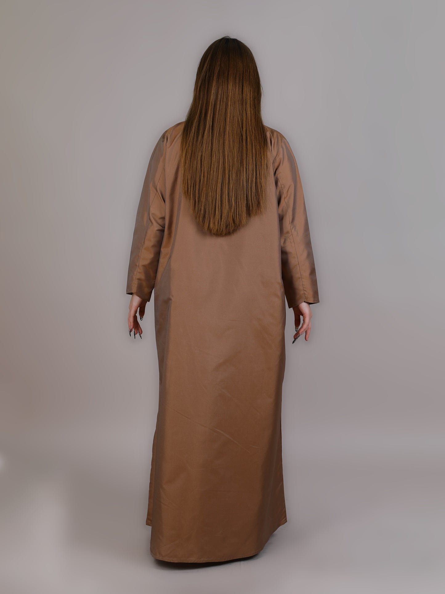 MSquare Fashion Brown Taffeta Embroidered Abaya With lapel Collar