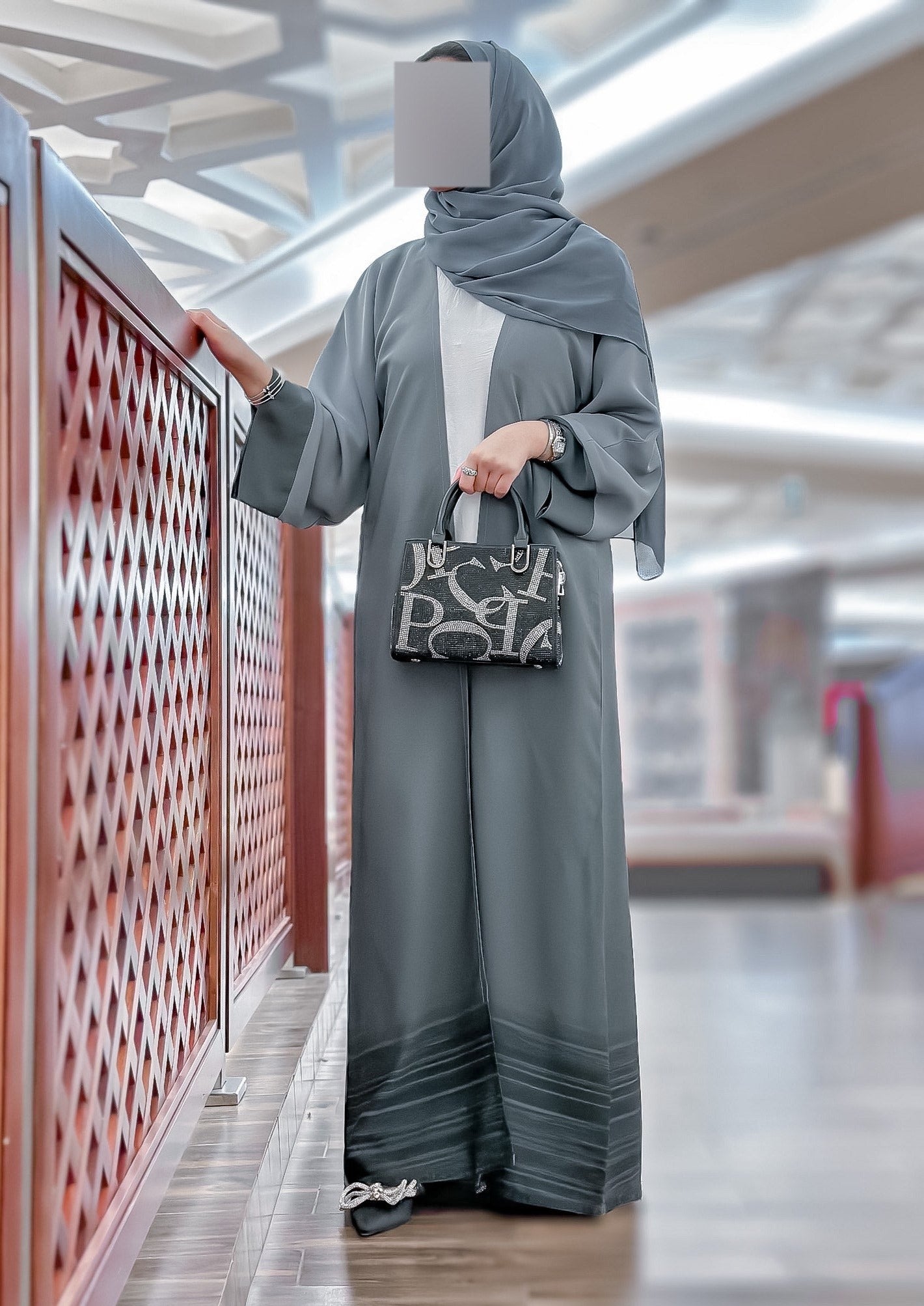 Grey Double Shadow Korean Nida Abaya Set