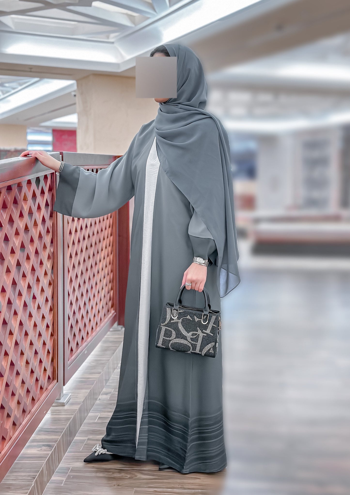 Grey Double Shadow Korean Nida Abaya Set