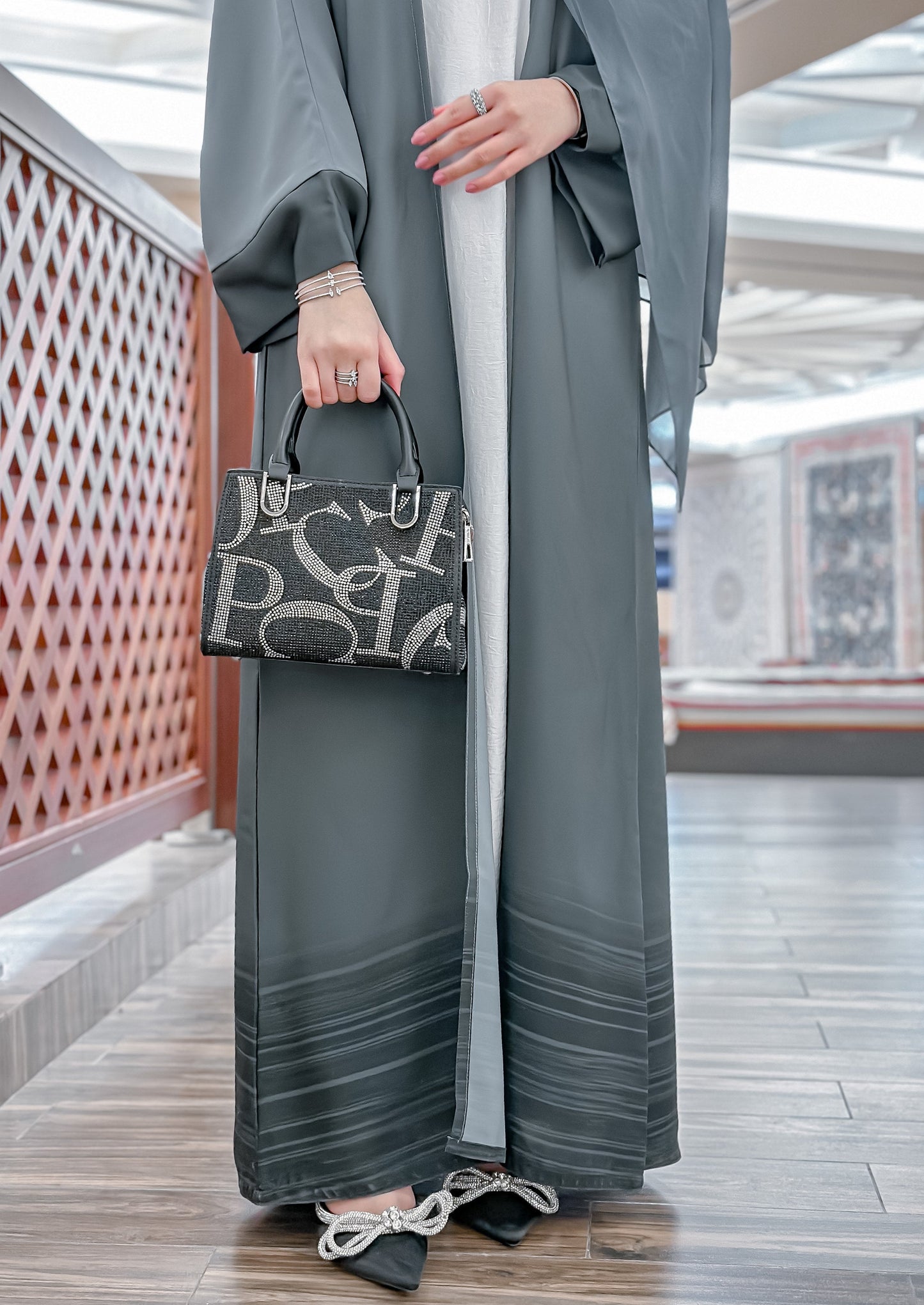 Grey Double Shadow Korean Nida Abaya Set