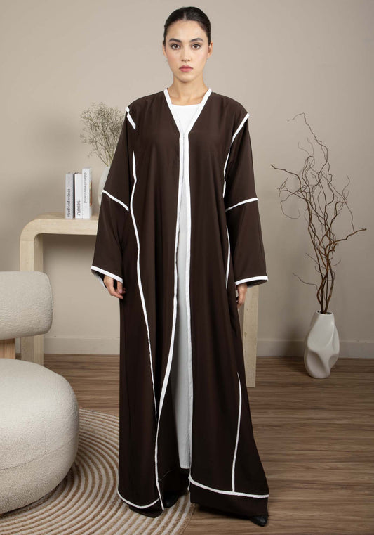 Elegant Front Open Brown Nida Abaya with White Contrast Piping