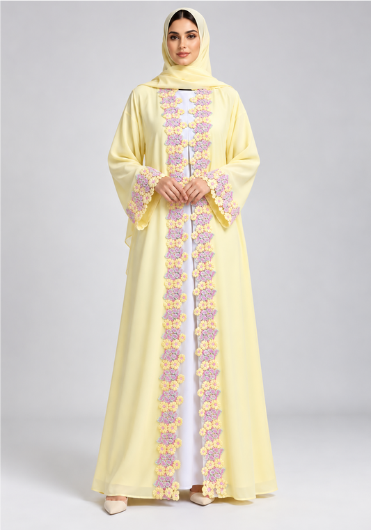 Pastel Yellow Abaya with Multicolour Floral Lace & Statement Cuffs