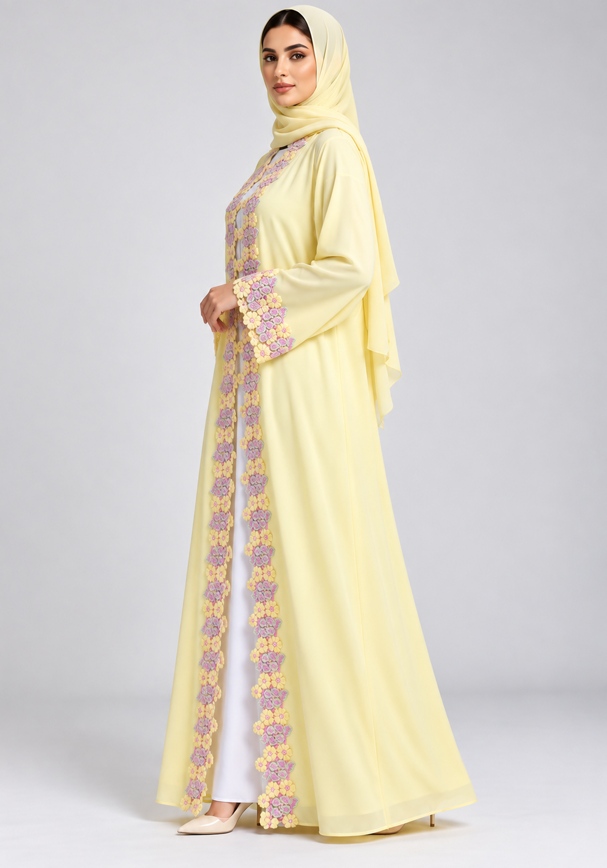 Pastel Yellow Abaya with Multicolour Floral Lace & Statement Cuffs
