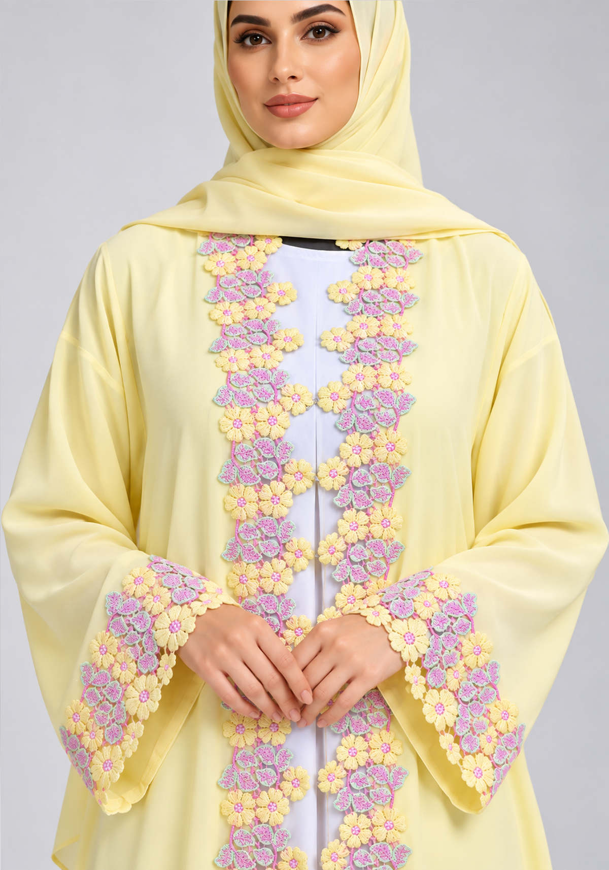 Pastel Yellow Abaya with Multicolour Floral Lace & Statement Cuffs