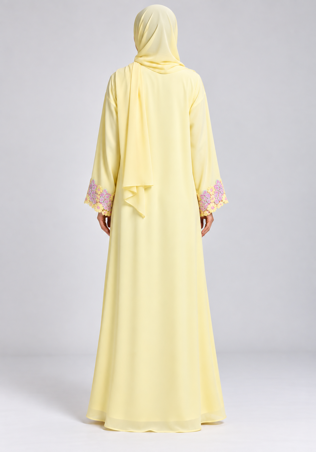 Pastel Yellow Abaya with Multicolour Floral Lace & Statement Cuffs