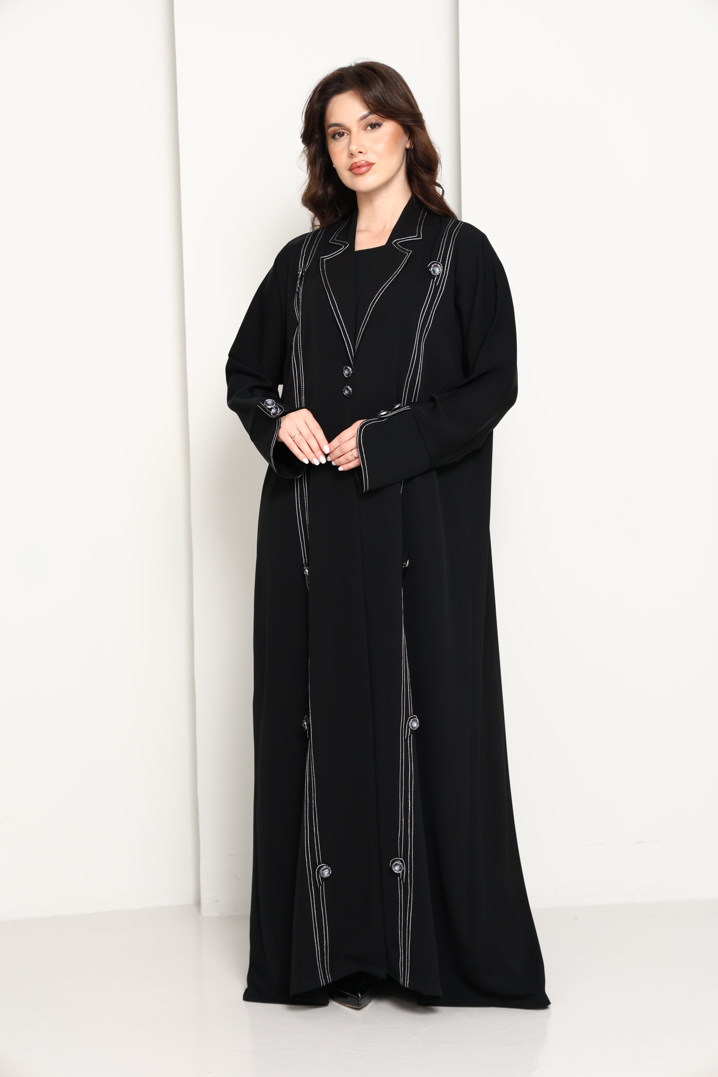 Jet Black Open Abaya with Tailored Lapel & Contrast Stitch Detailing