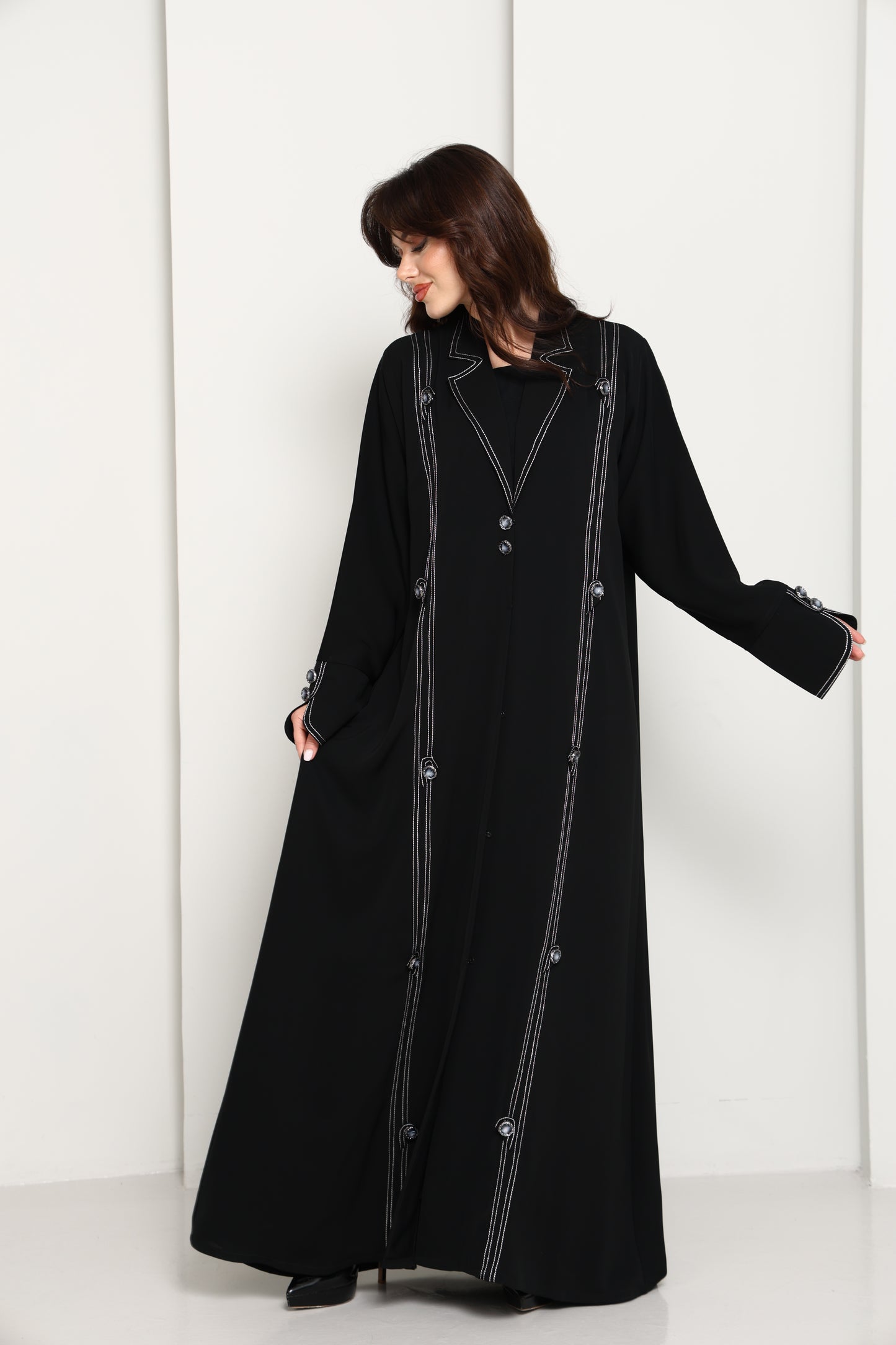 Jet Black Open Abaya with Tailored Lapel & Contrast Stitch Detailing