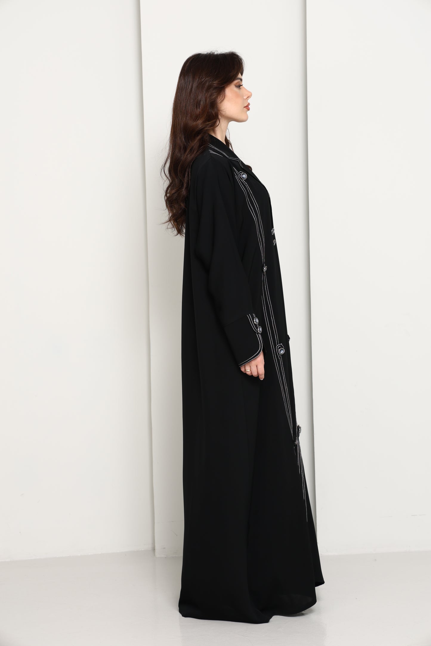 Jet Black Open Abaya with Tailored Lapel & Contrast Stitch Detailing