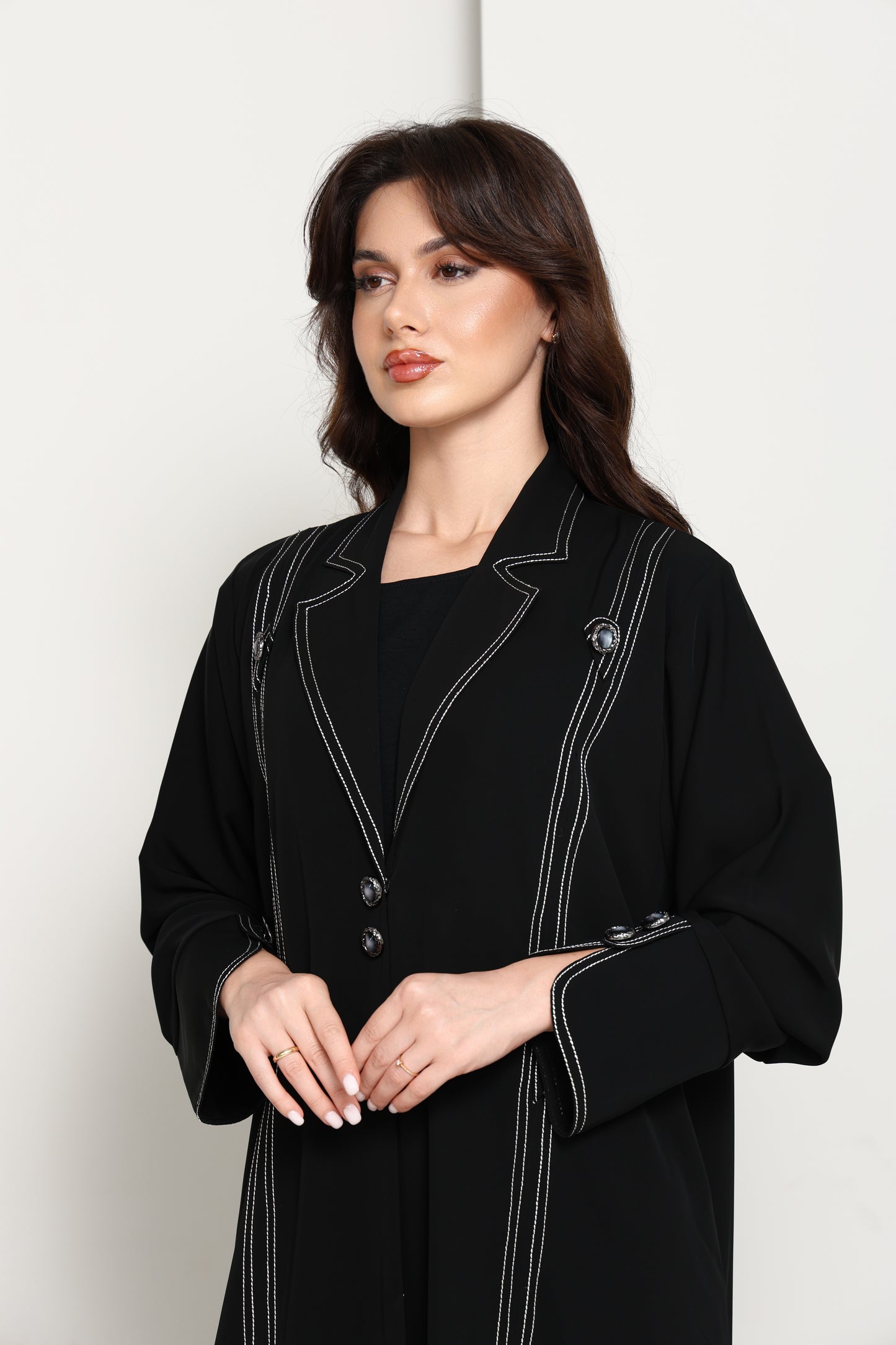 Jet Black Open Abaya with Tailored Lapel & Contrast Stitch Detailing
