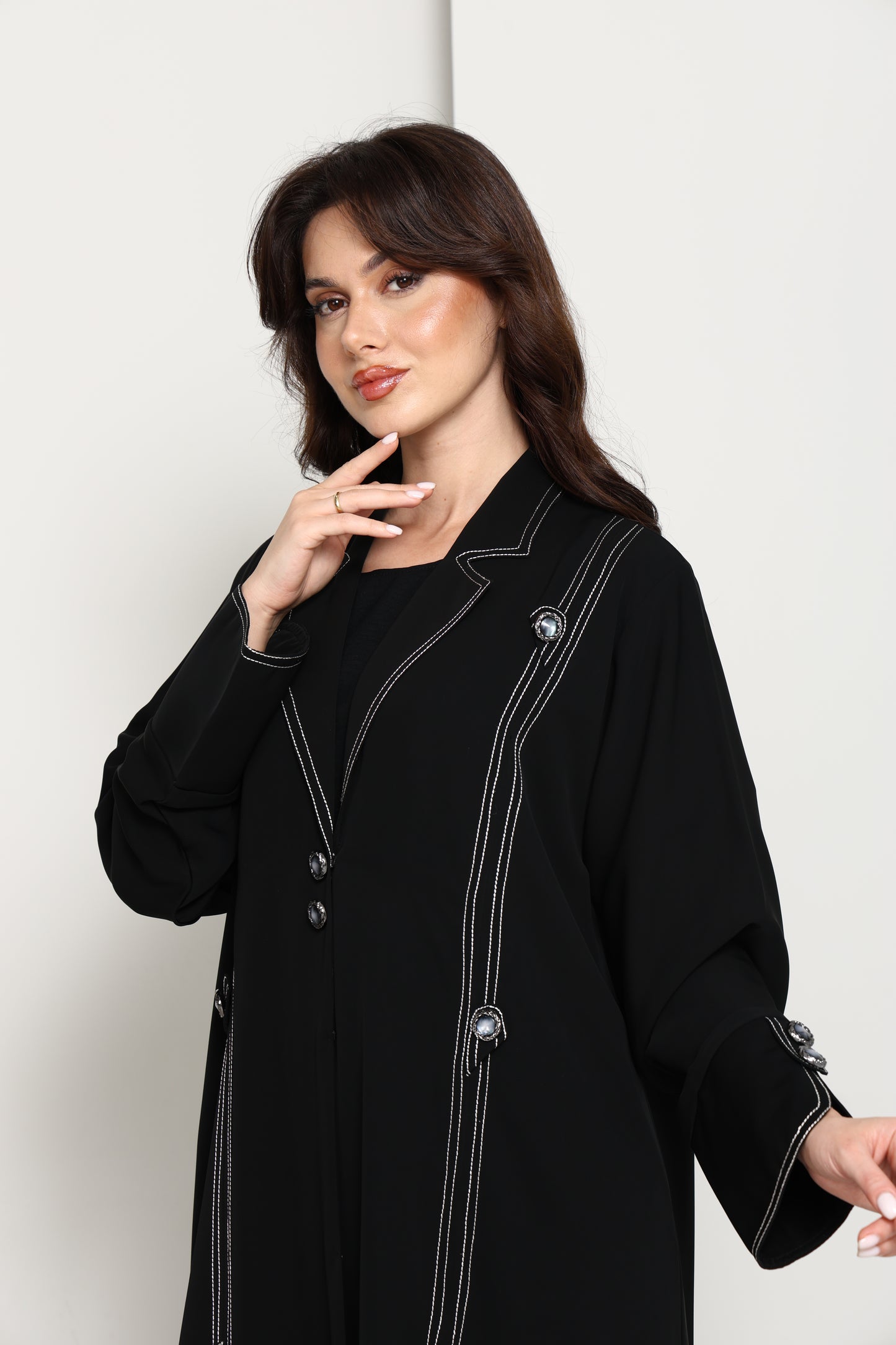 Jet Black Open Abaya with Tailored Lapel & Contrast Stitch Detailing