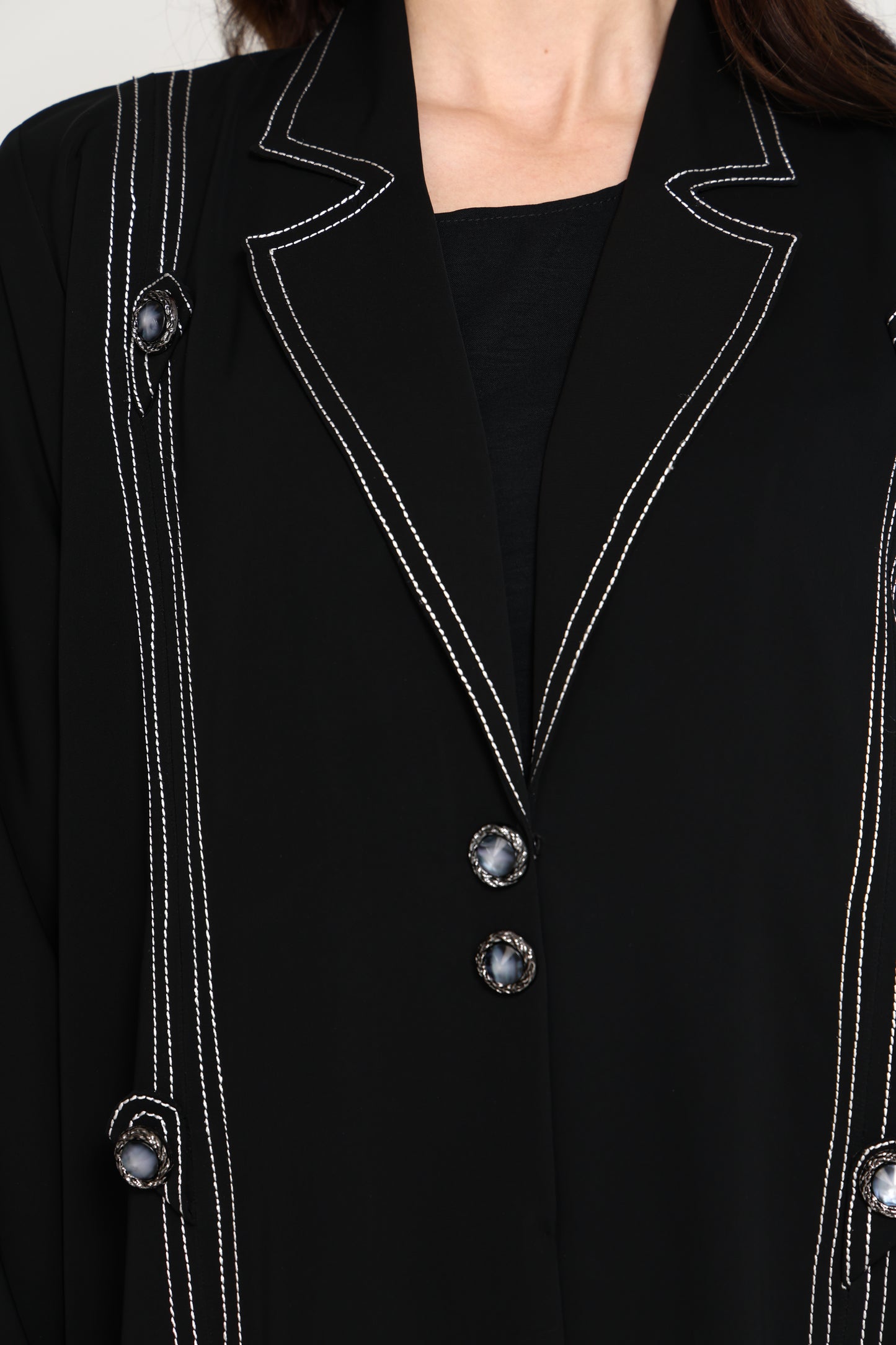 Jet Black Open Abaya with Tailored Lapel & Contrast Stitch Detailing