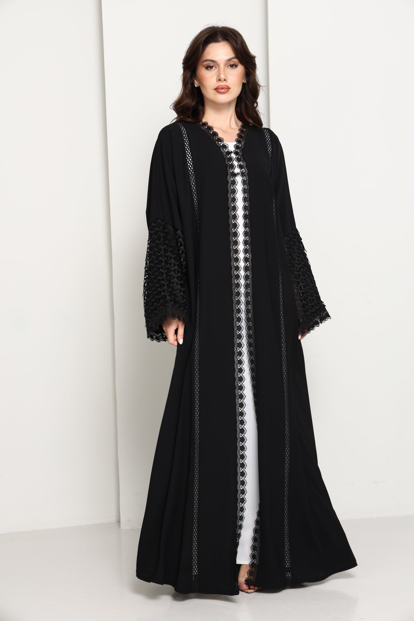 Black Open Abaya with Lace Sleeves & Front Panel