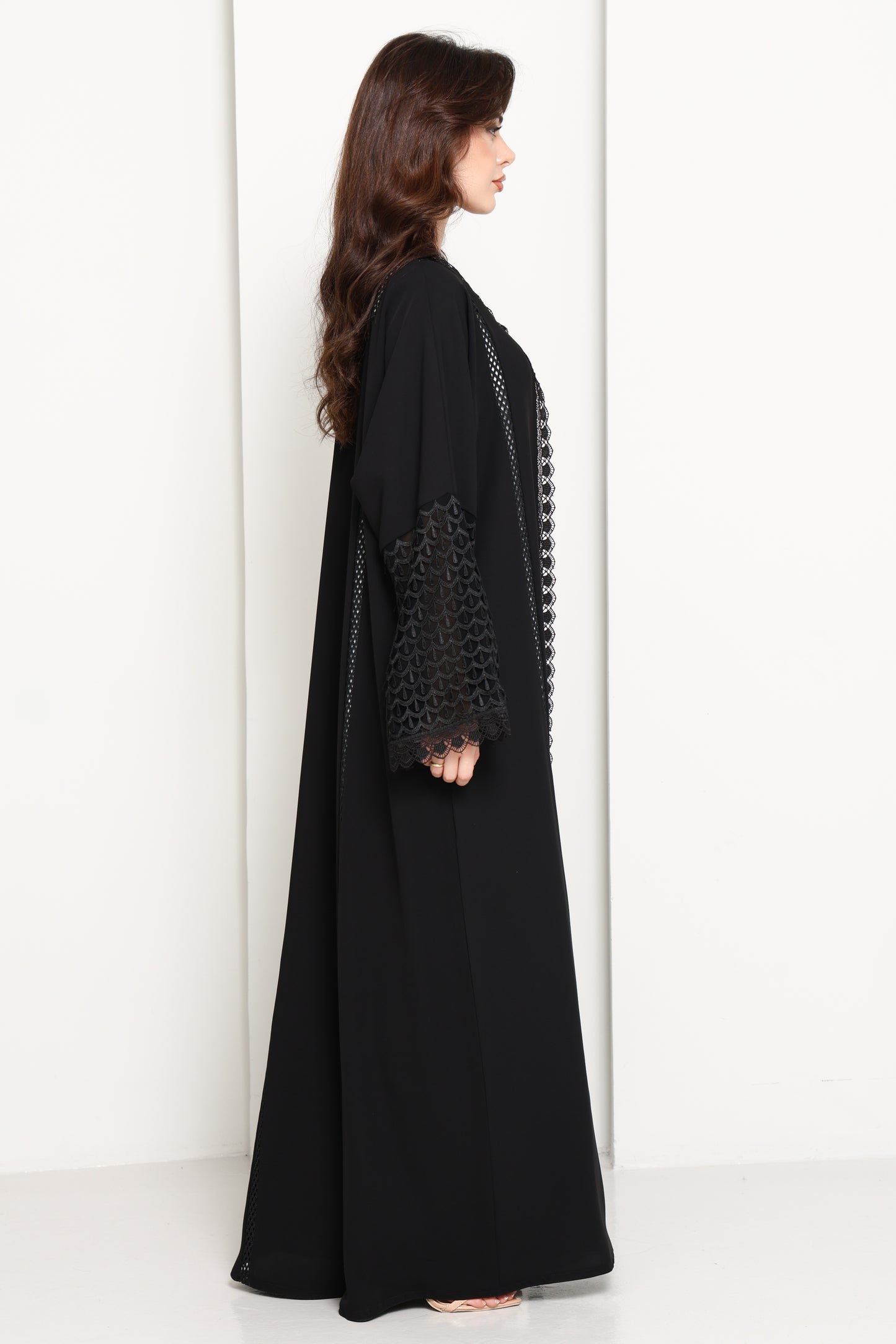 Black Open Abaya with Lace Sleeves & Front Panel