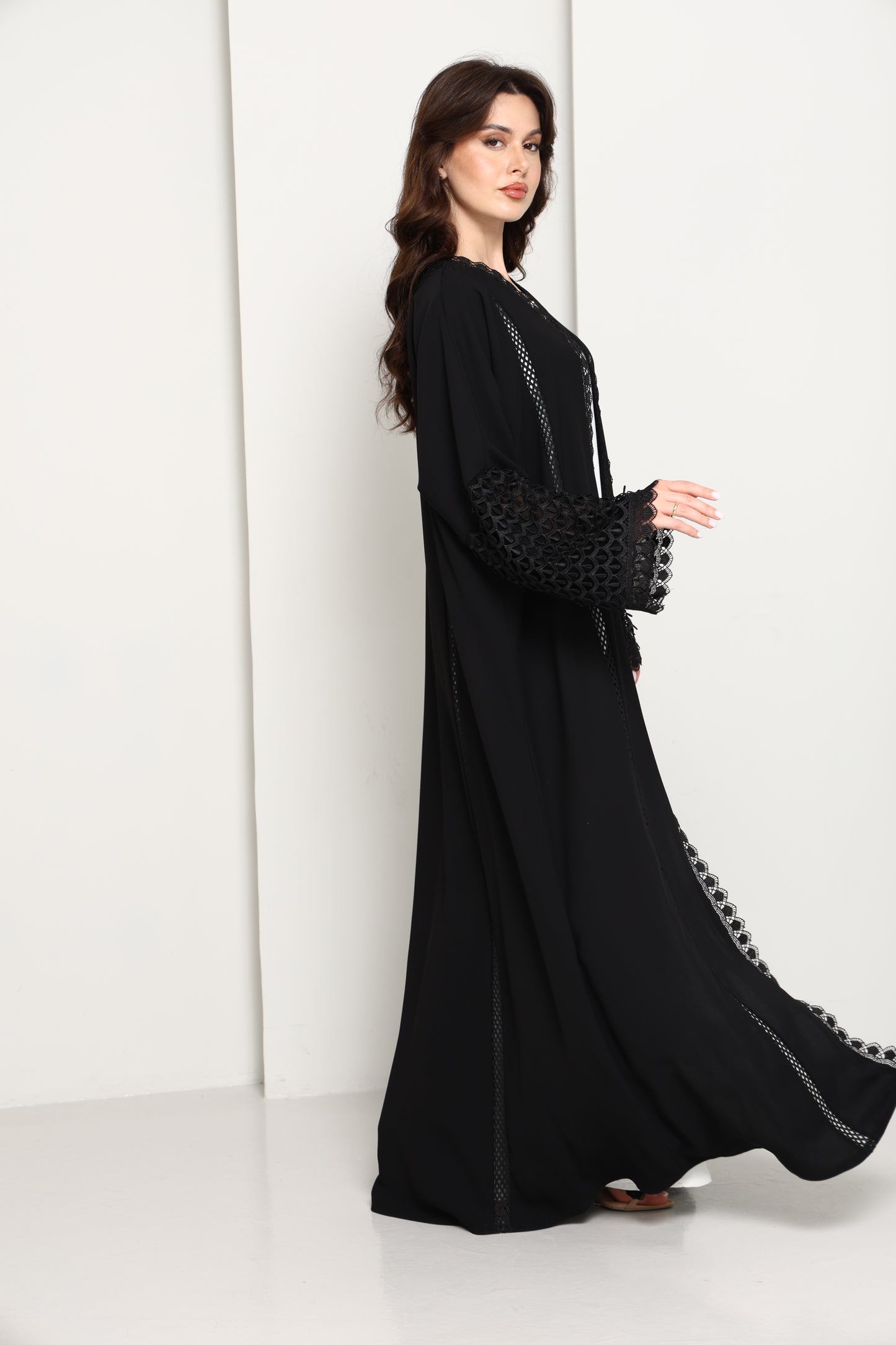 Black Open Abaya with Lace Sleeves & Front Panel