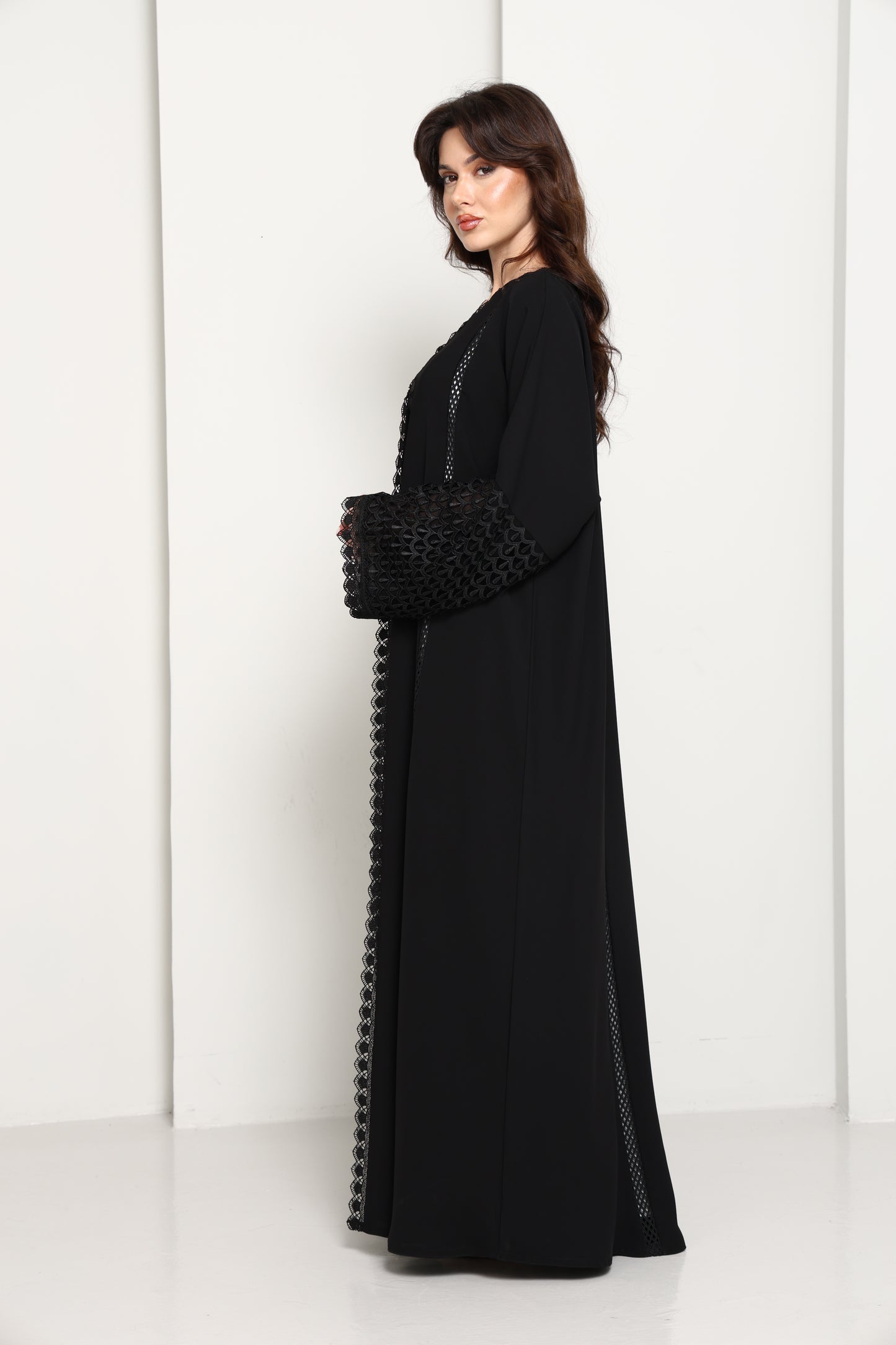Black Open Abaya with Lace Sleeves & Front Panel