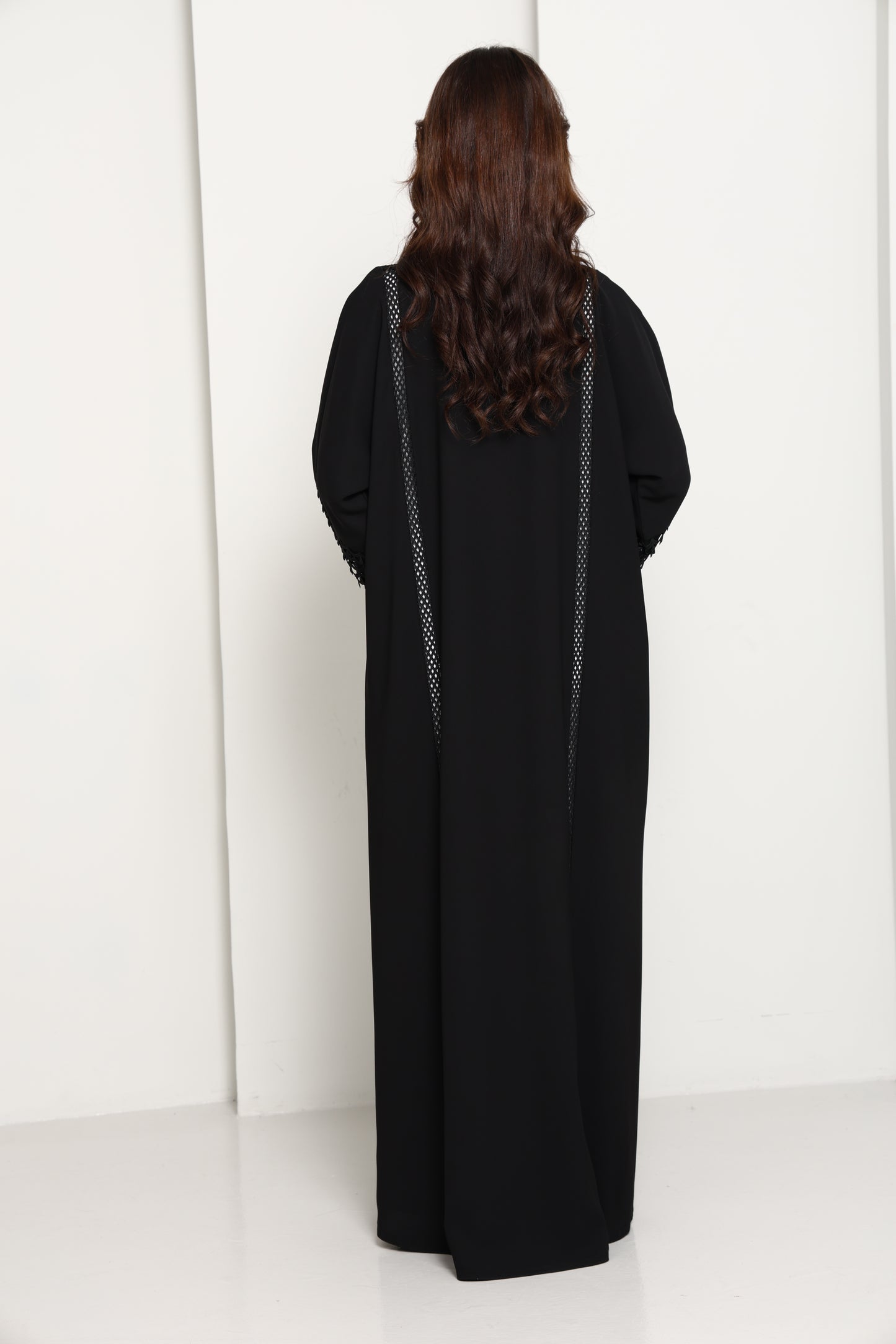 Black Open Abaya with Lace Sleeves & Front Panel