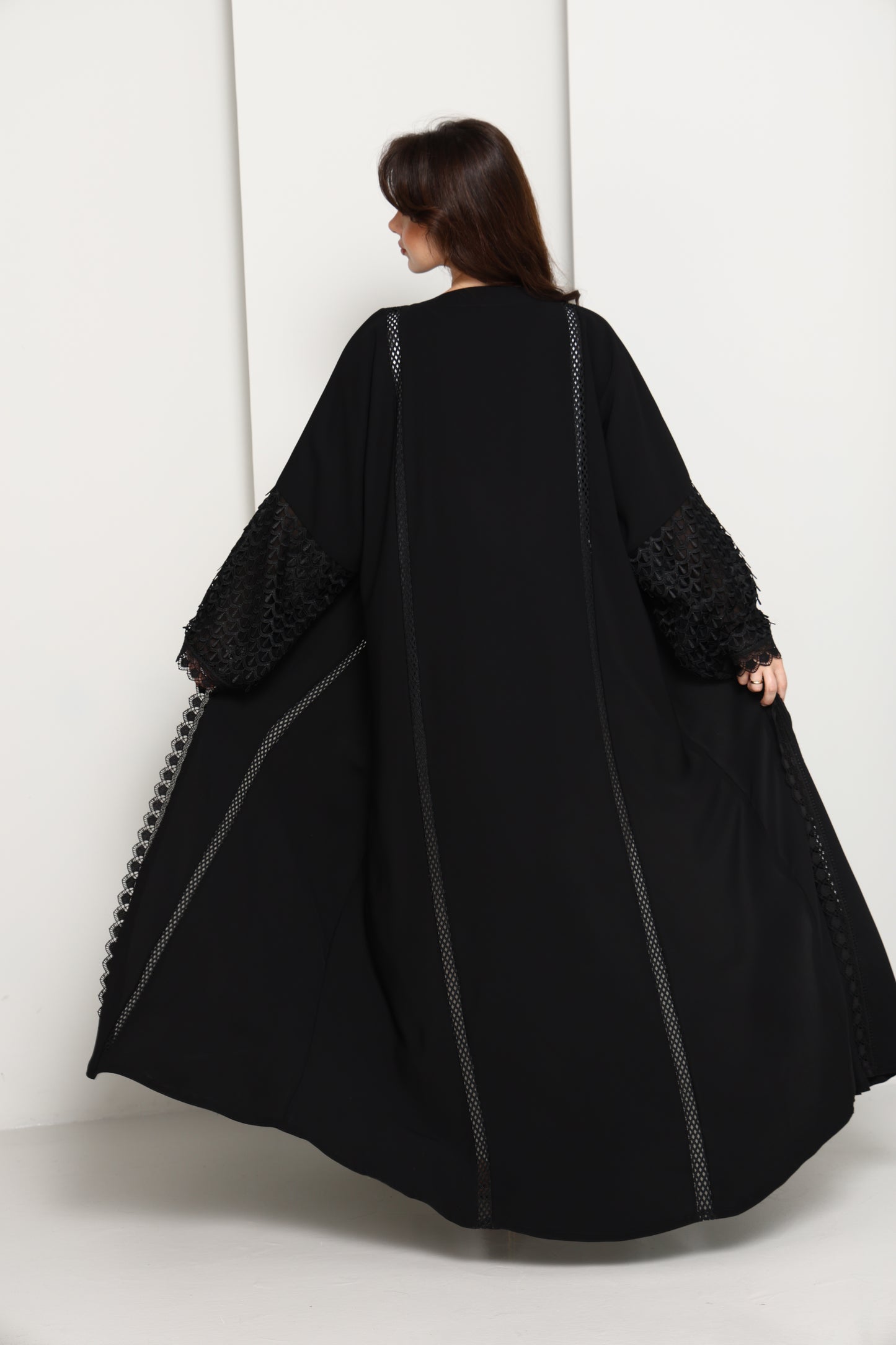 Black Open Abaya with Lace Sleeves & Front Panel