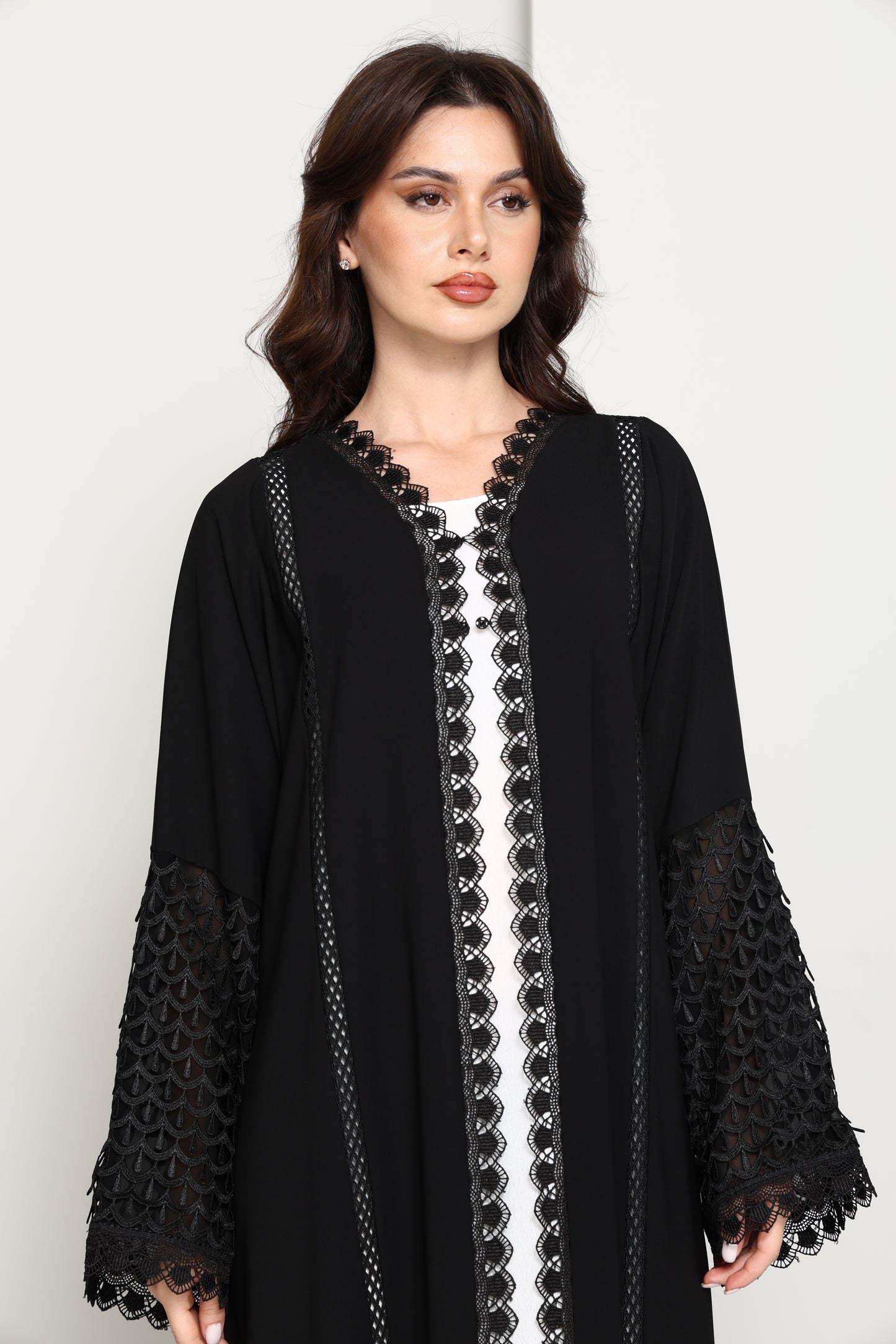 Black Open Abaya with Lace Sleeves & Front Panel