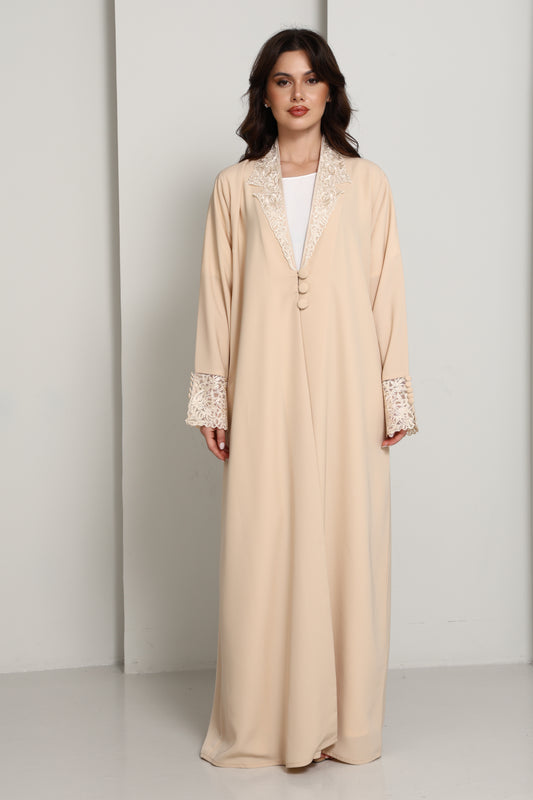 The Sandstone Sovereign – Blazer-Cut Abaya with Guipure Lace Detailing
