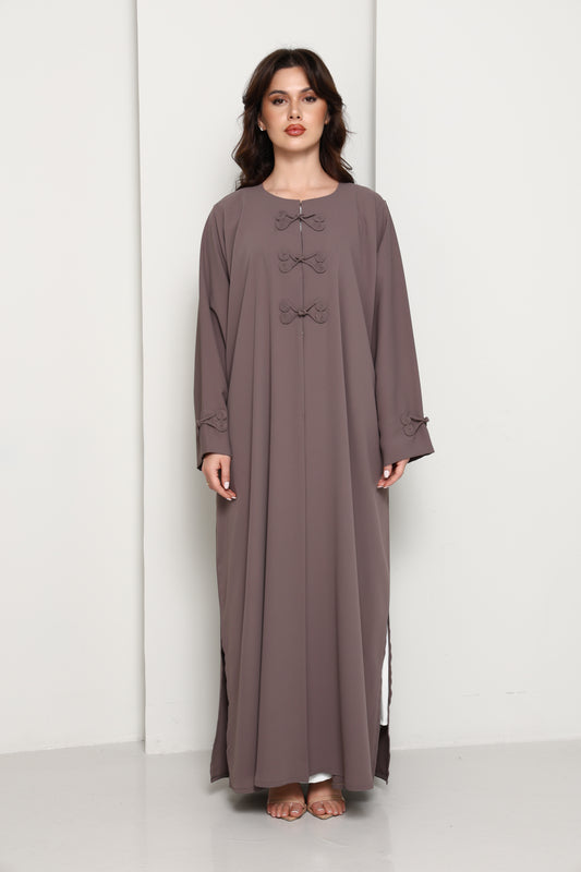 Mocha Brown Closed Abaya with Tonal Loop Fastenings