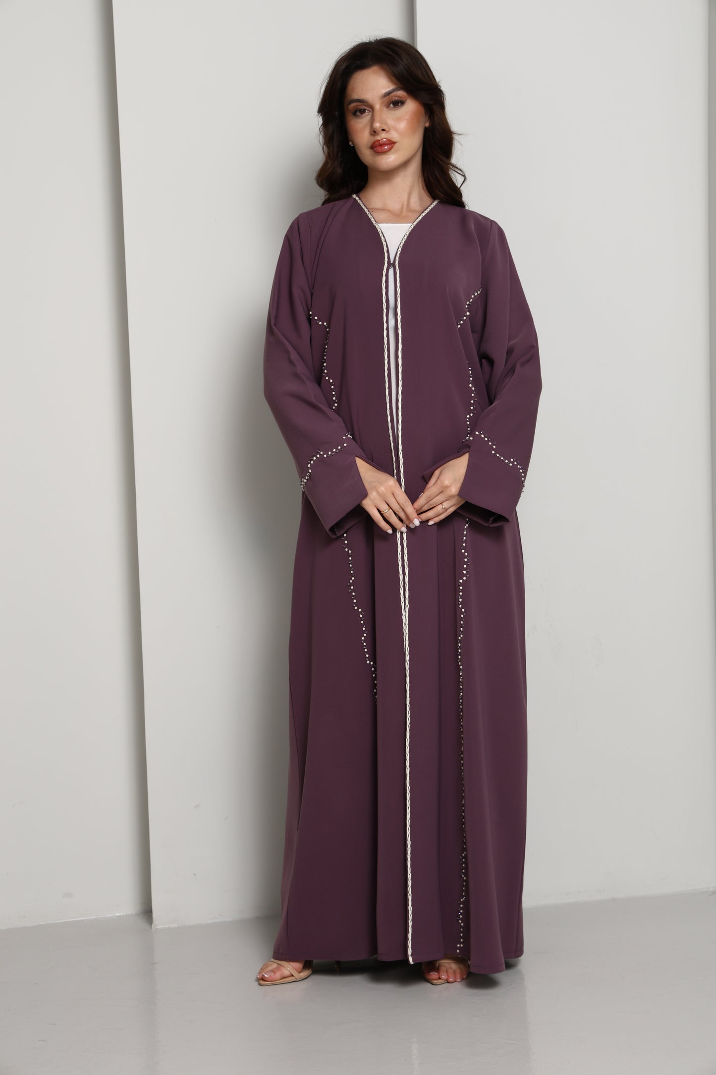 Elegant A-Line Abaya with Thread Work Detailing I Hand-Embellished | Premium Fabric Occasion Wear