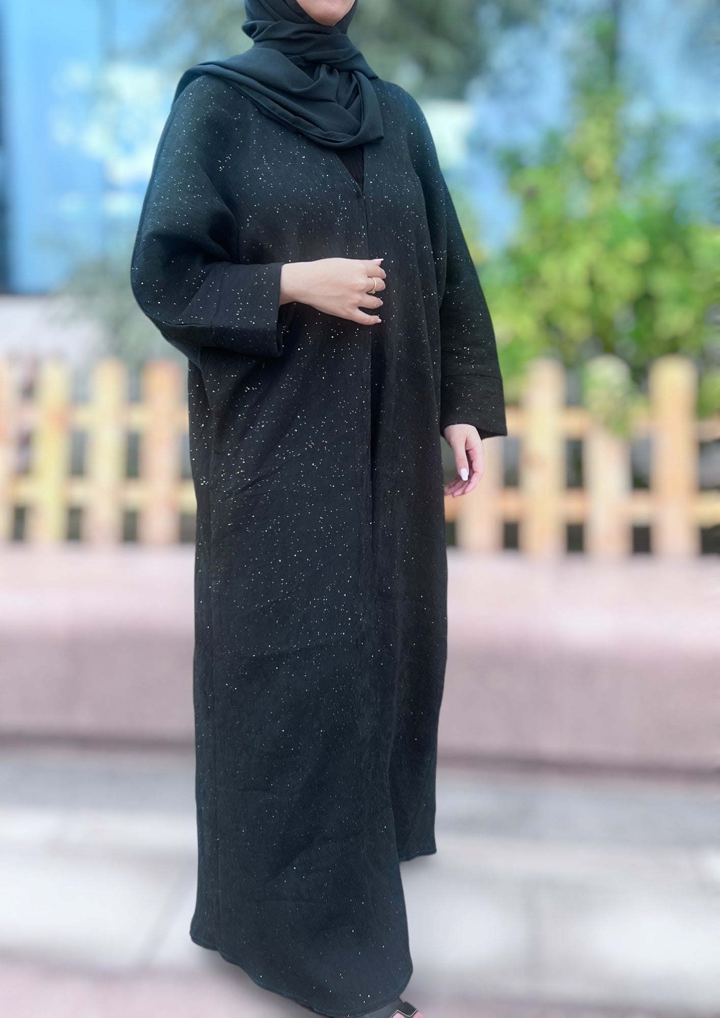 Soft Forest Green Crepe Pleated Shimmer Abaya