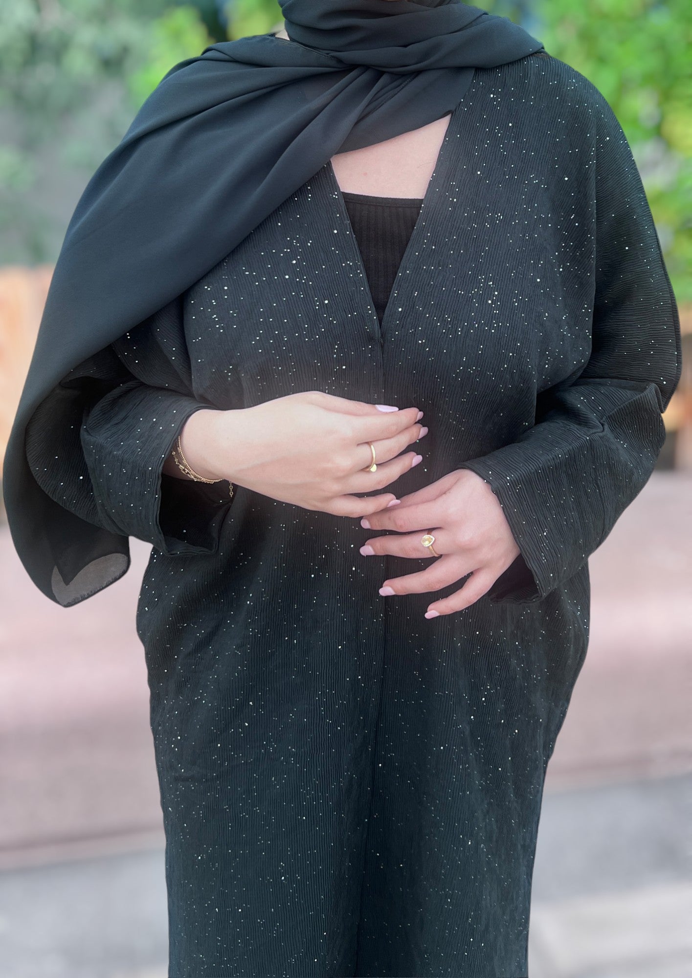 Soft Forest Green Crepe Pleated Shimmer Abaya