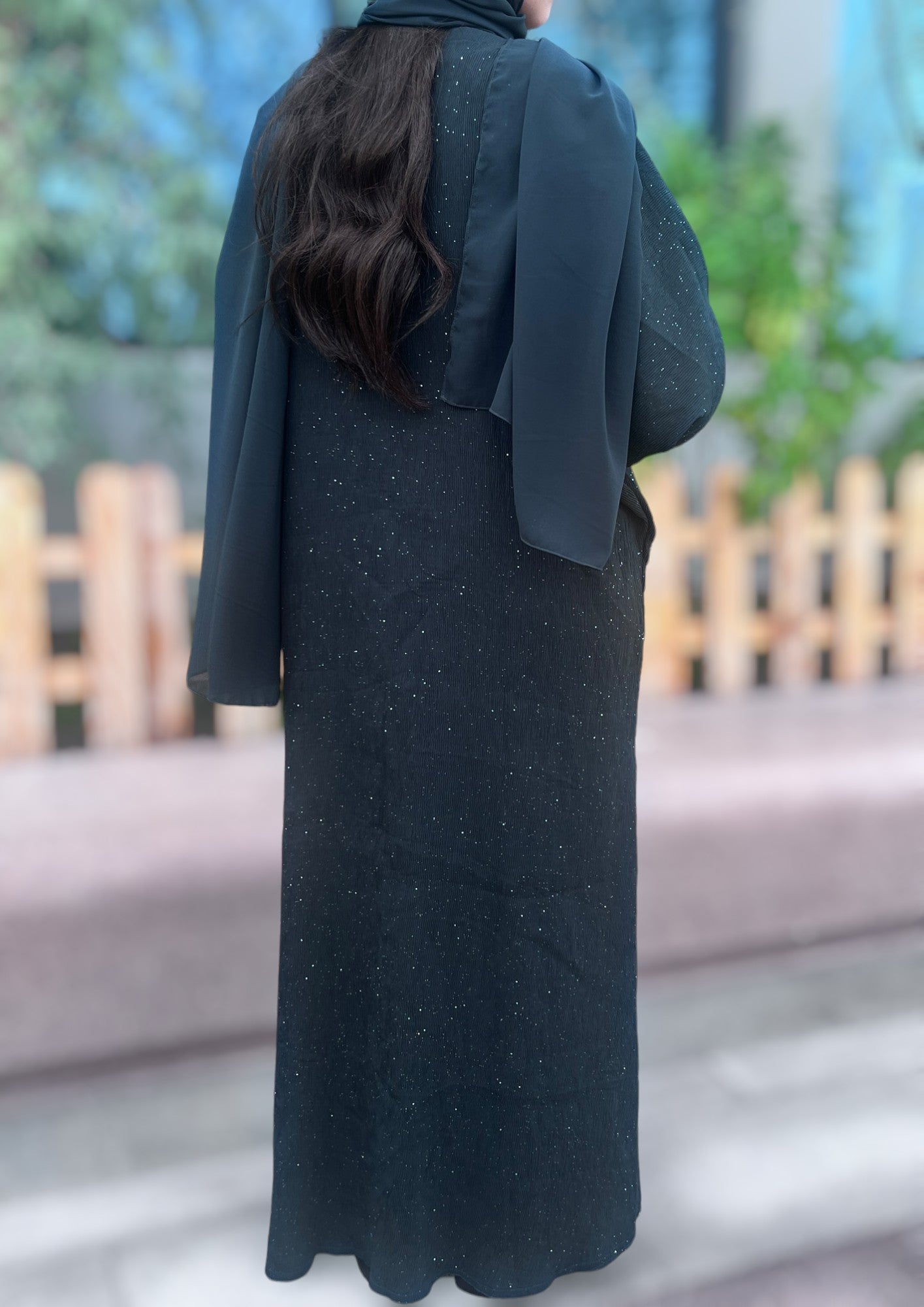 Soft Forest Green Crepe Pleated Shimmer Abaya