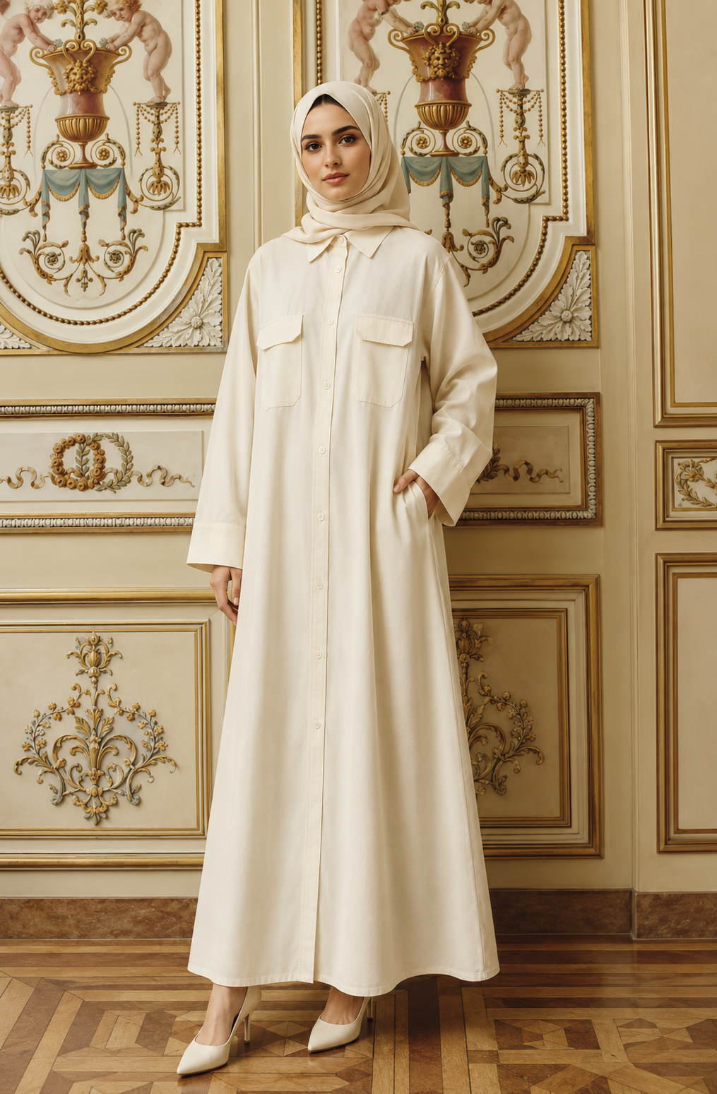 Cream Shirt-Style Abaya with Collar & Cargo Pockets