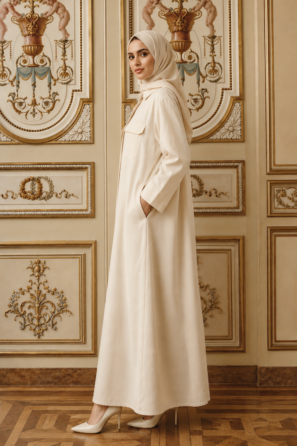 Cream Shirt-Style Abaya with Collar & Cargo Pockets