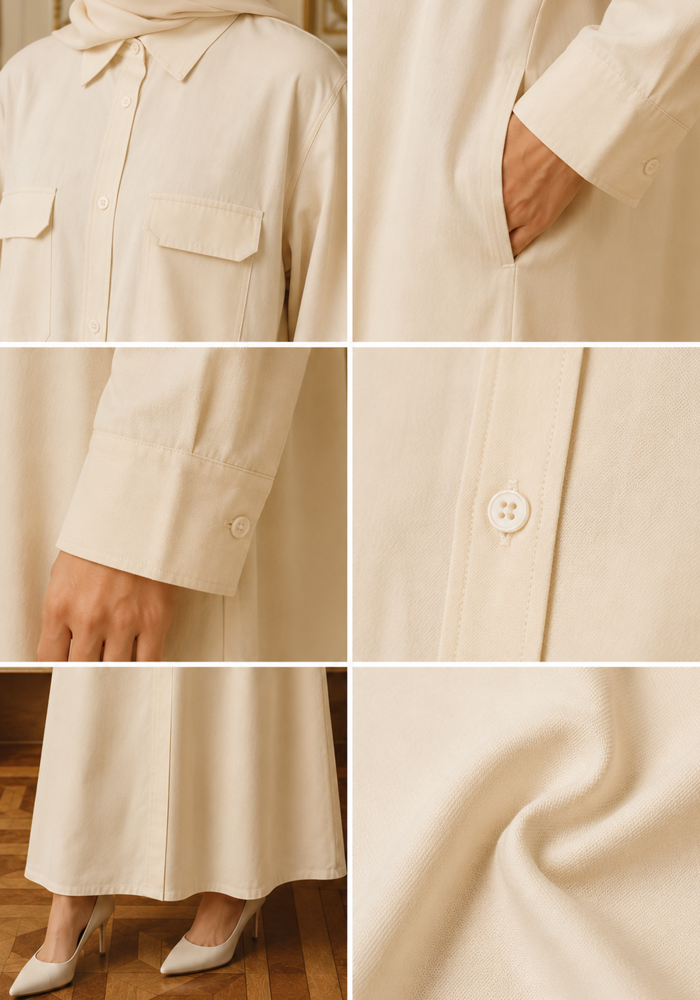 Cream Shirt-Style Abaya with Collar & Cargo Pockets