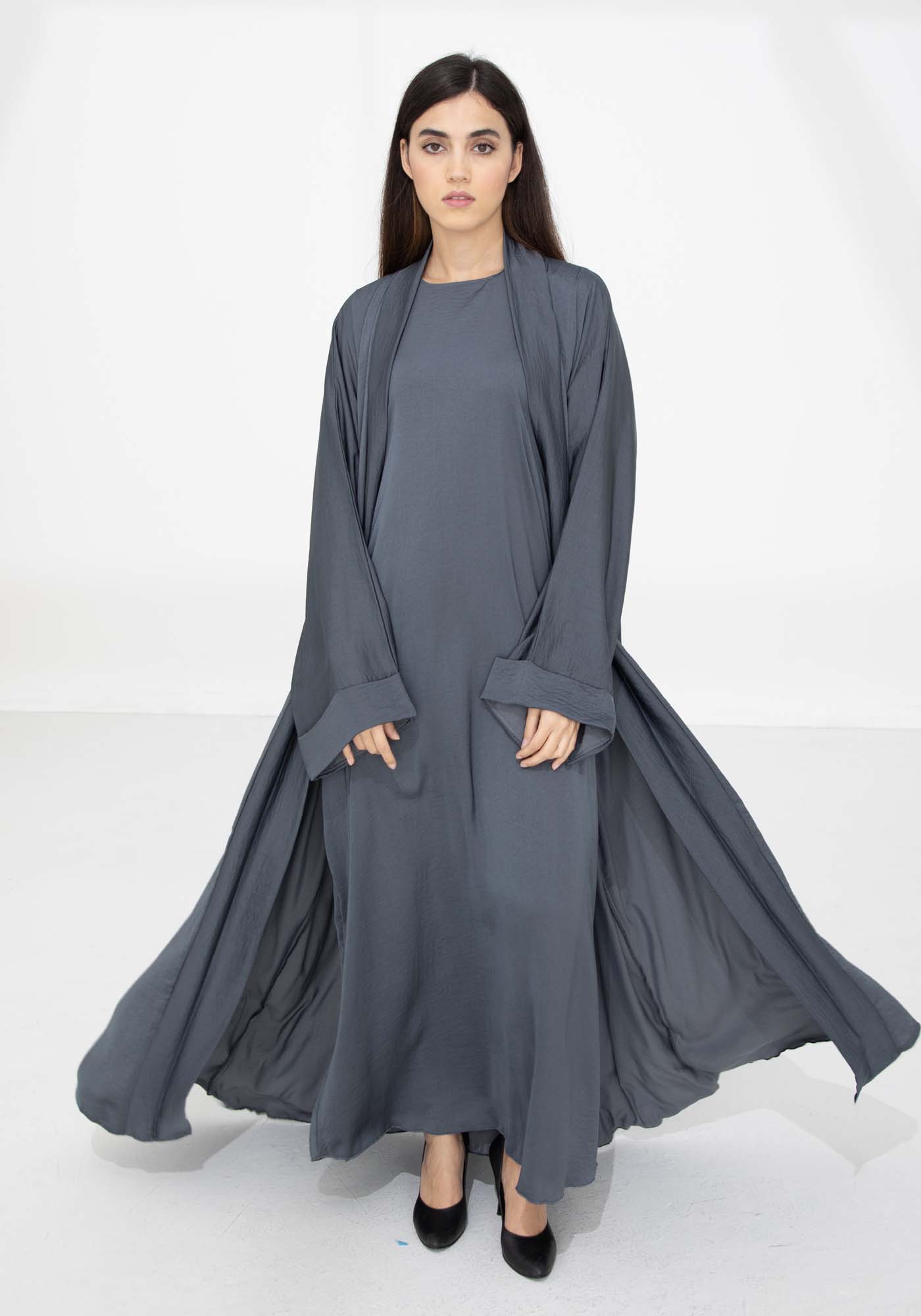 Dark Grey Harir Maqsood Open Abaya Set with Matching Under Dress & Headscarf