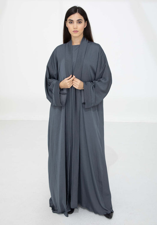 Dark Grey Harir Maqsood Open Abaya Set with Matching Under Dress & Headscarf