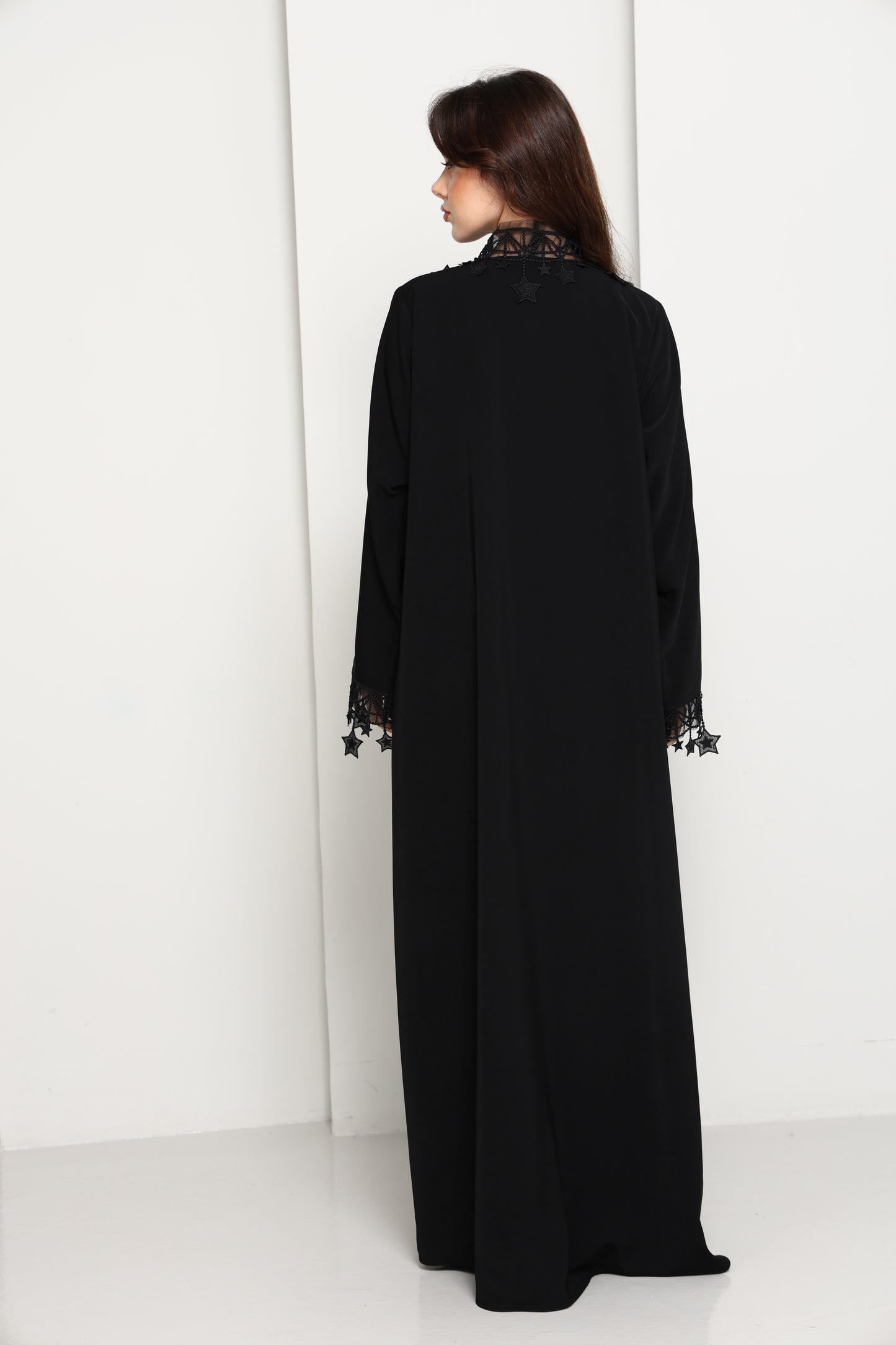 Designer Star Lace with Matching Headscarf Front Open Abaya