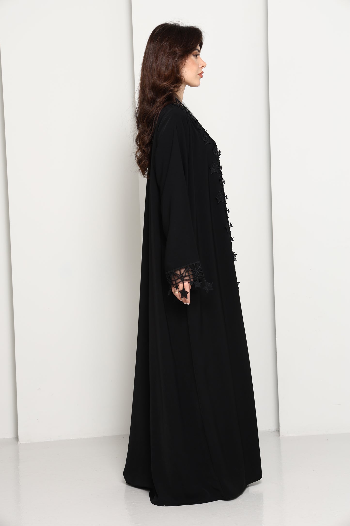 Designer Star Lace with Matching Headscarf Front Open Abaya