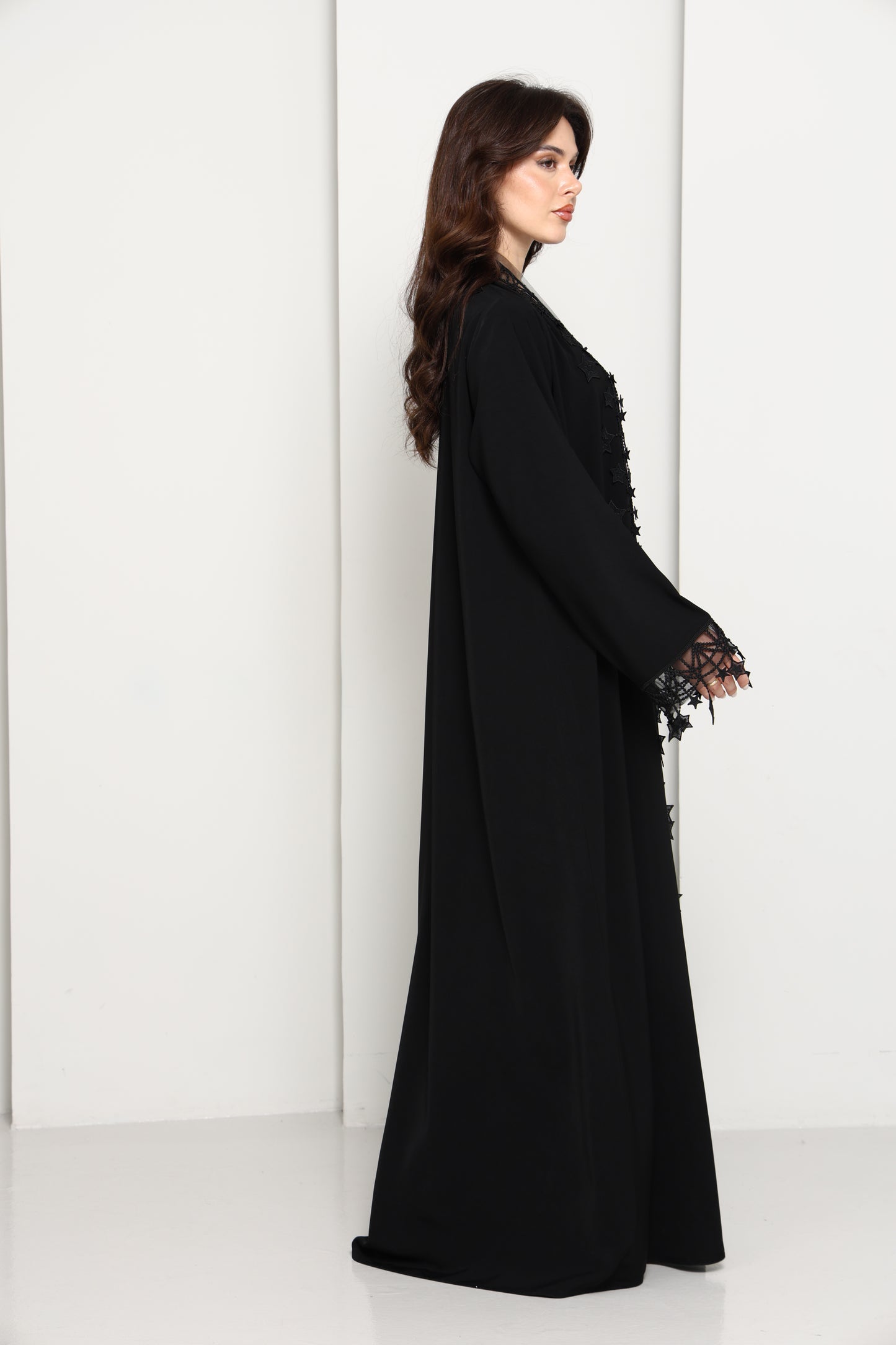 Designer Star Lace with Matching Headscarf Front Open Abaya