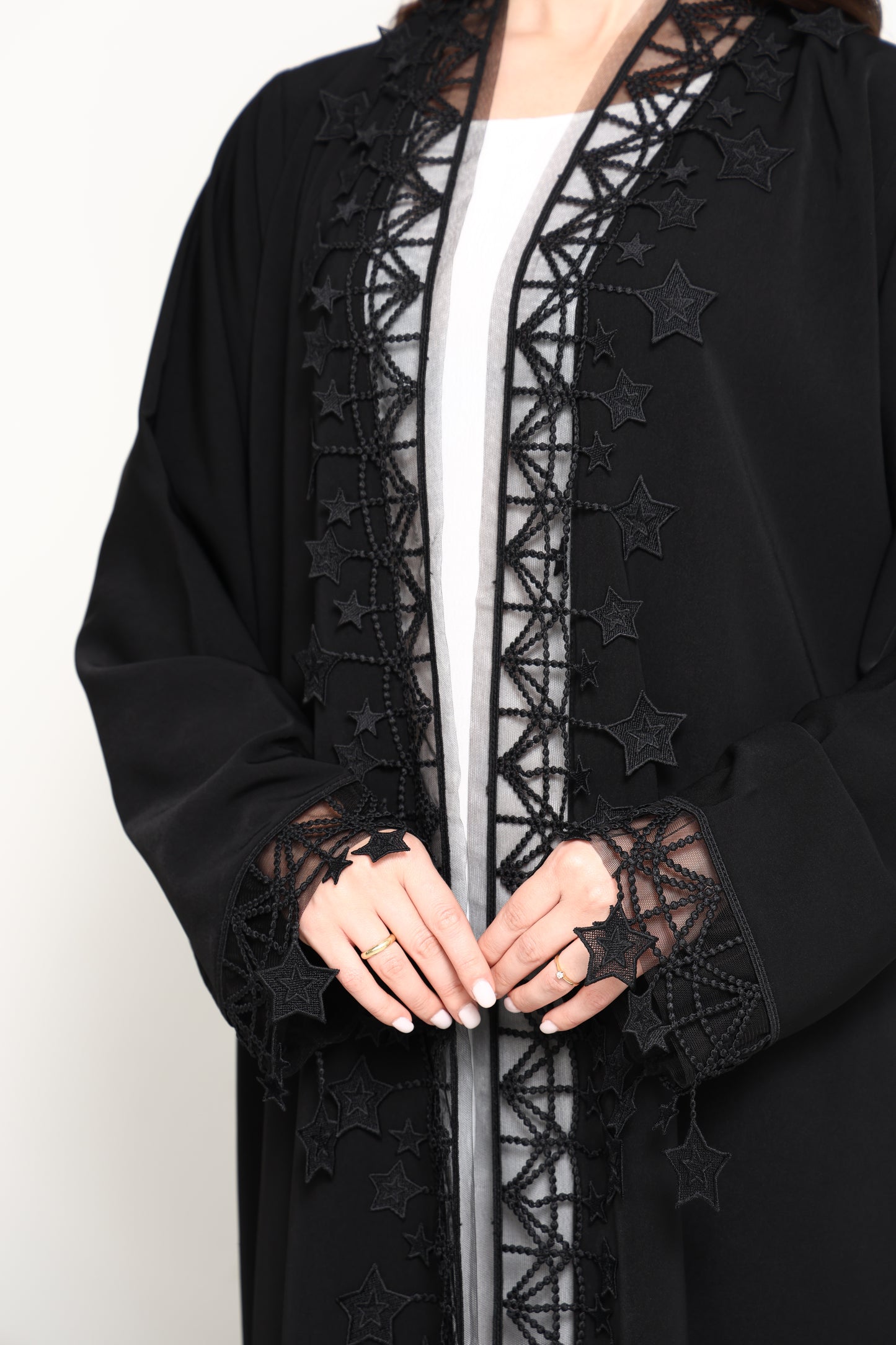 Designer Star Lace with Matching Headscarf Front Open Abaya