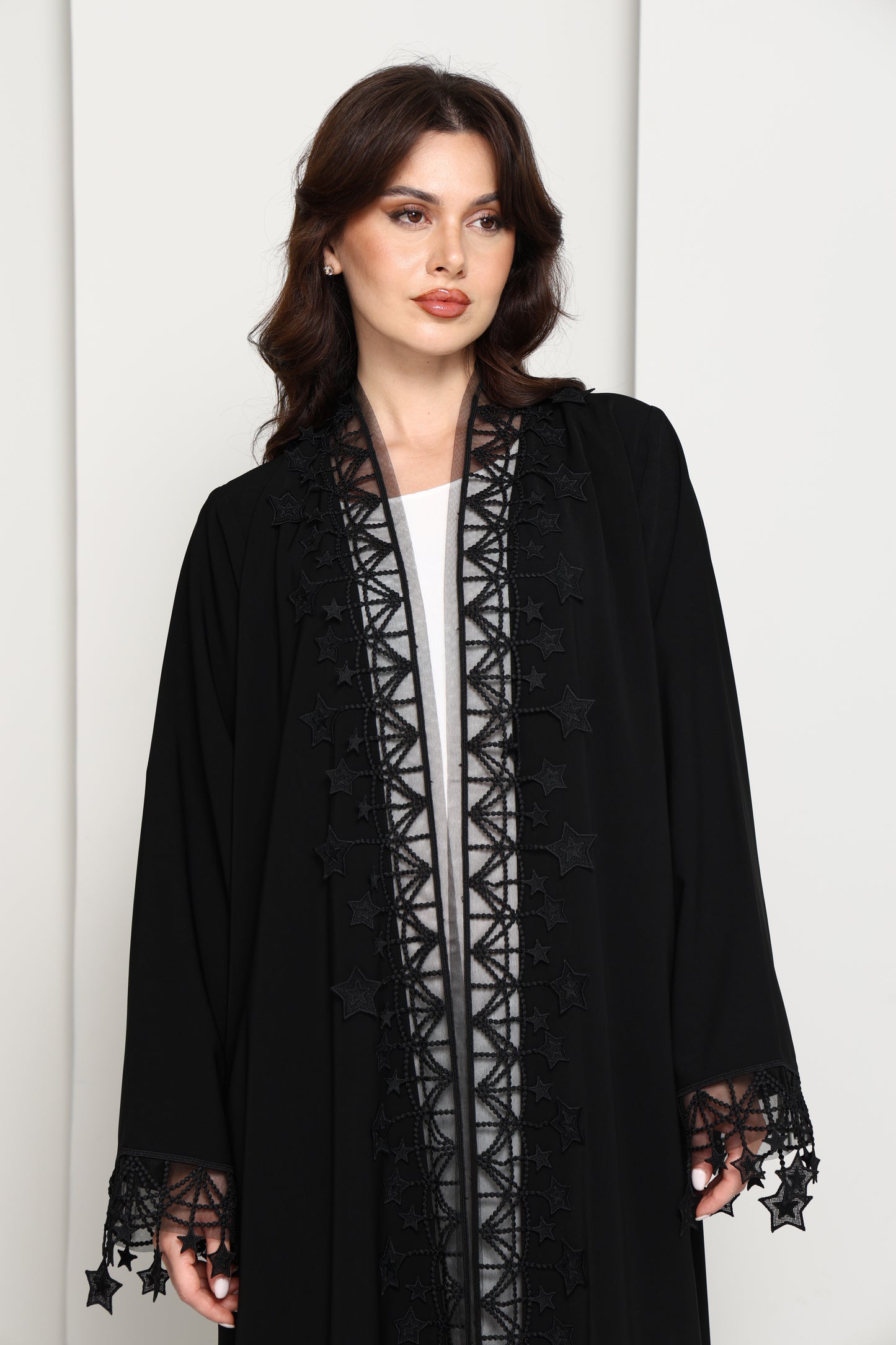 Designer Star Lace with Matching Headscarf Front Open Abaya