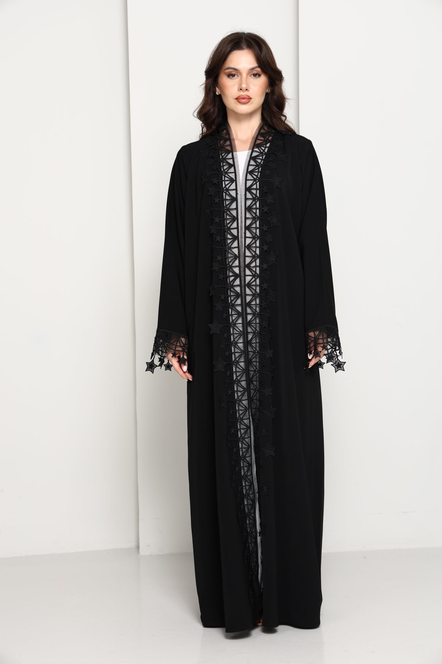 Designer Star Lace with Matching Headscarf Front Open Abaya