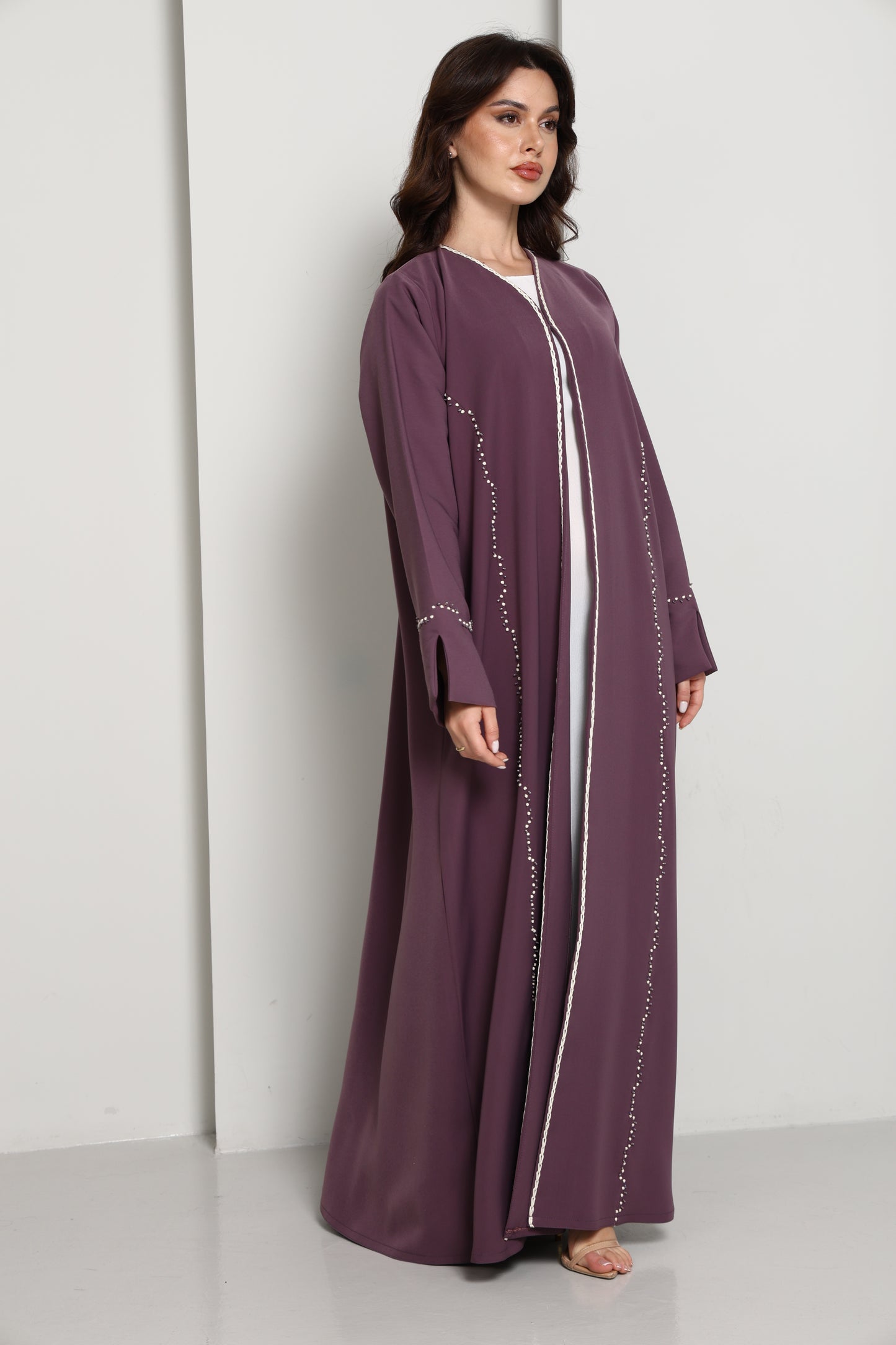 Elegant A-Line Abaya with Thread Work Detailing I Hand-Embellished | Premium Fabric Occasion Wear