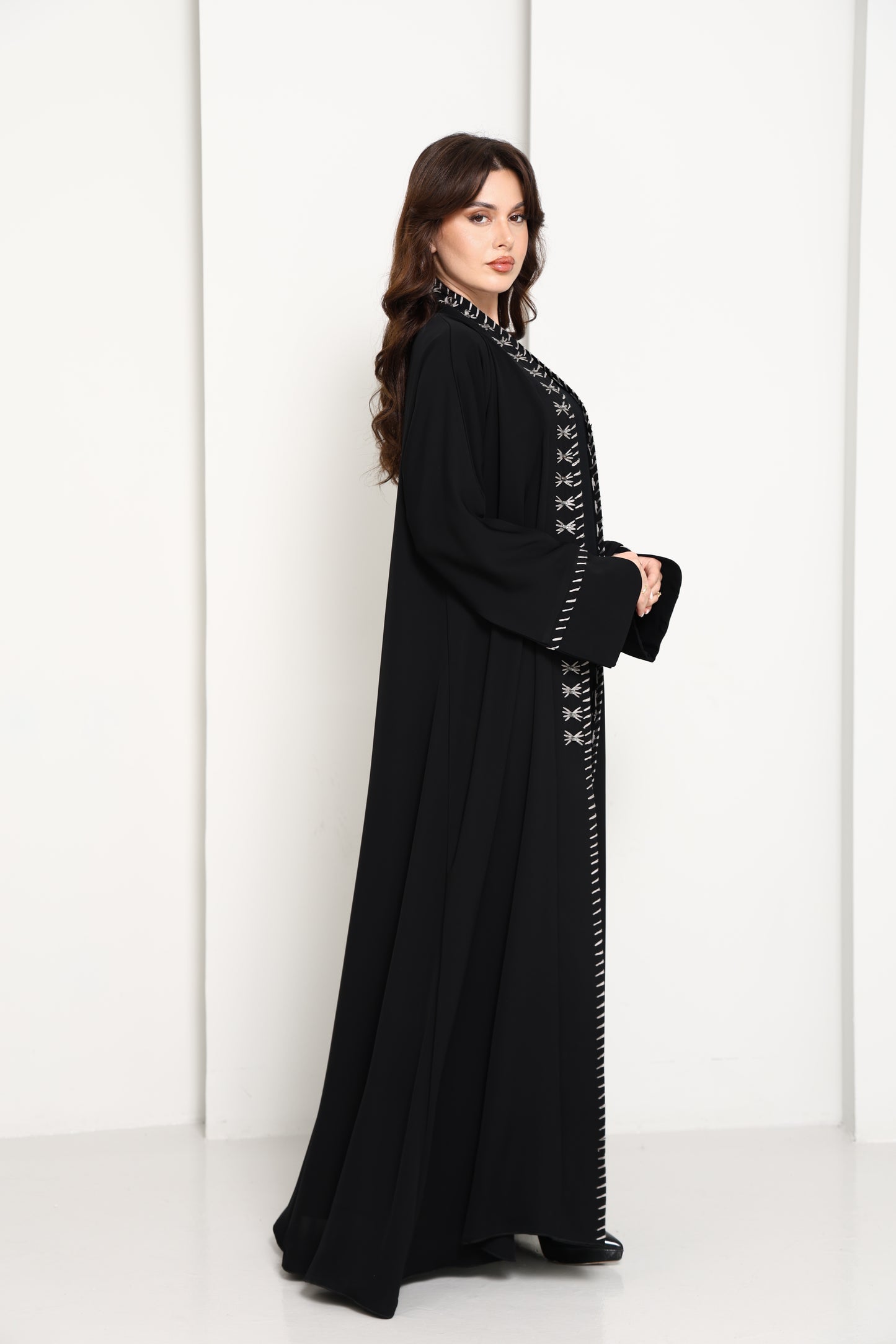 Jet Black Open Abaya with  Contrast Thread Work Front Panels and Sleeves
