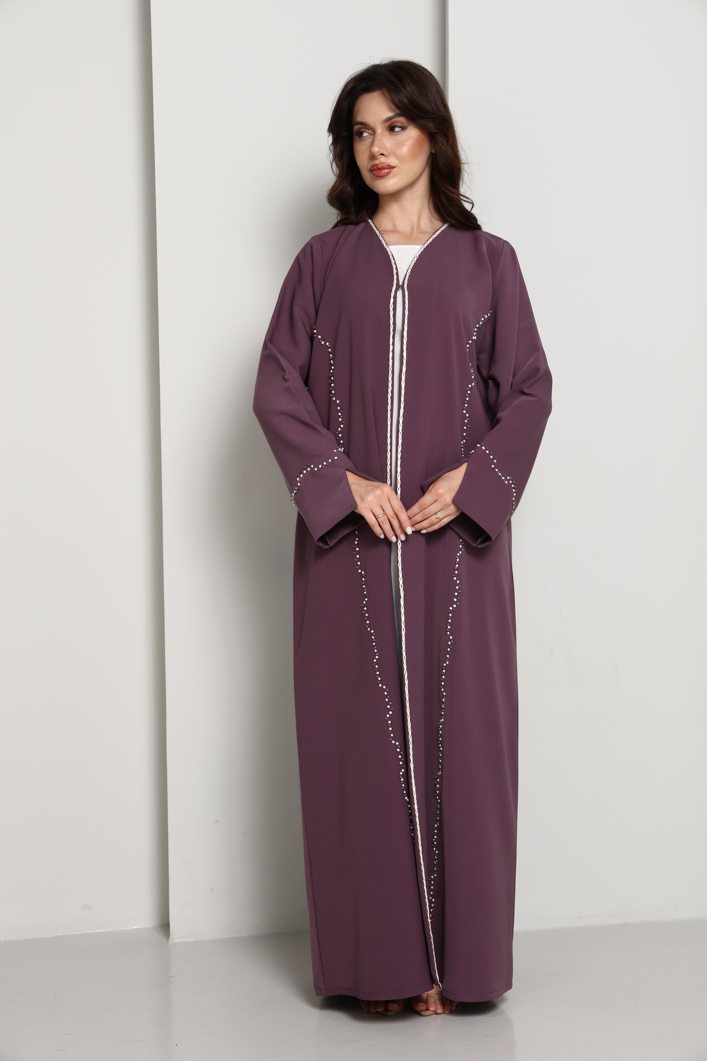 Elegant A-Line Abaya with Thread Work Detailing I Hand-Embellished | Premium Fabric Occasion Wear