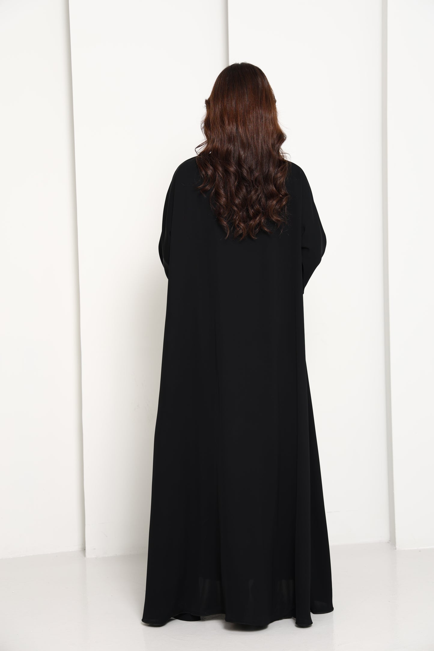 Jet Black Open Abaya with  Contrast Thread Work Front Panels and Sleeves