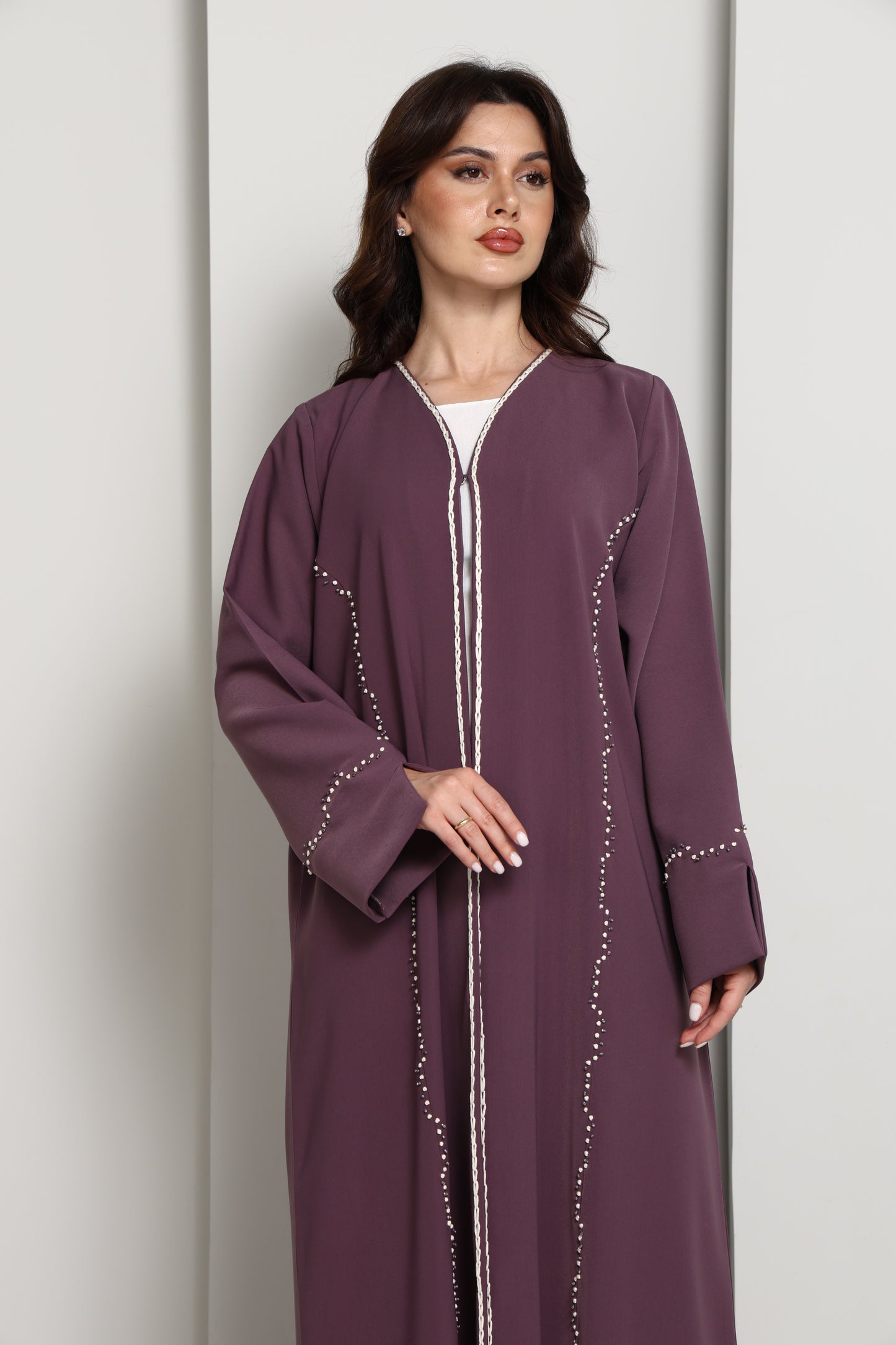 Elegant A-Line Abaya with Thread Work Detailing I Hand-Embellished | Premium Fabric Occasion Wear